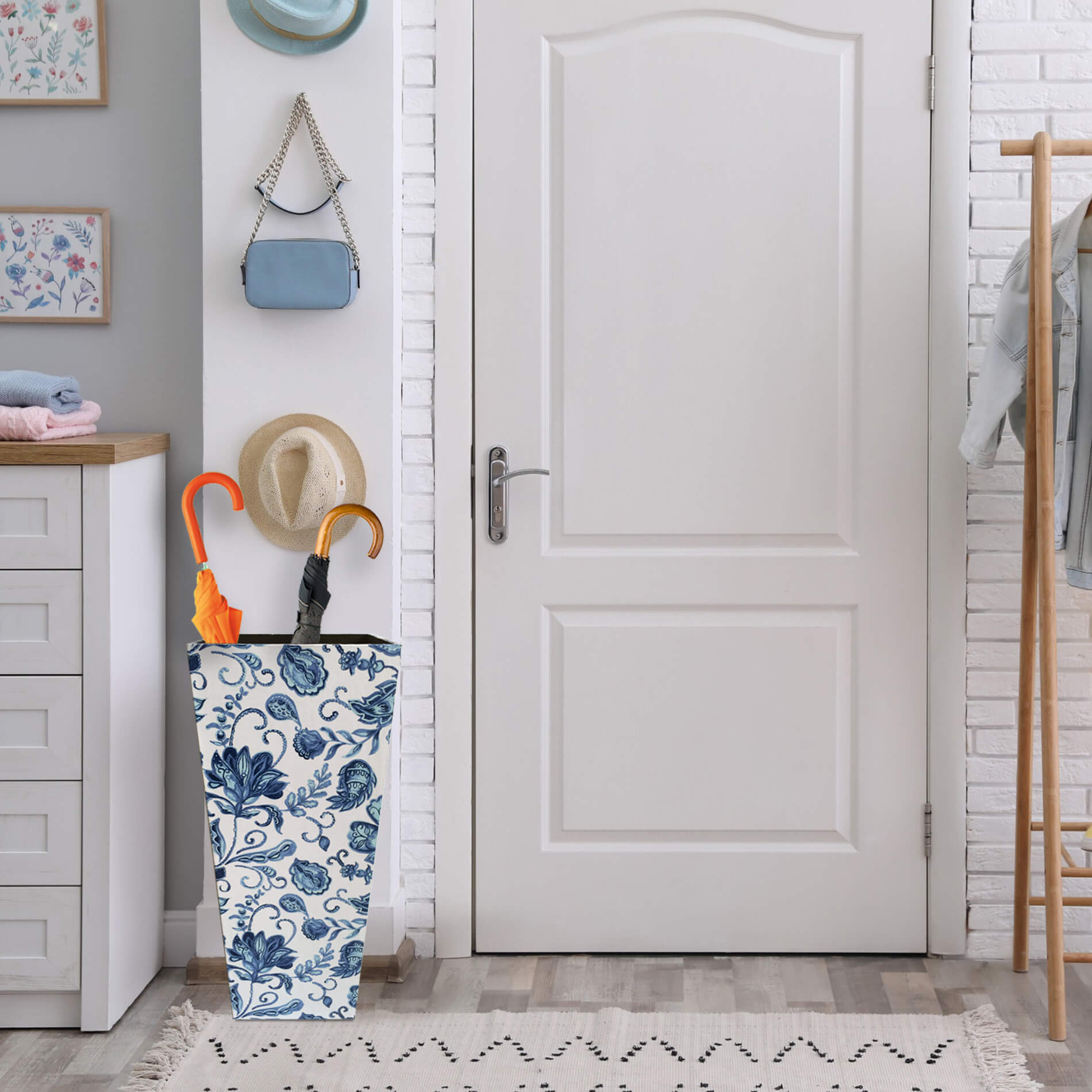 Porte-parapluies Rebecca Mobili Stockage Canvas Mdf Blanc Bleu Vintage 50x21x21 - 2
