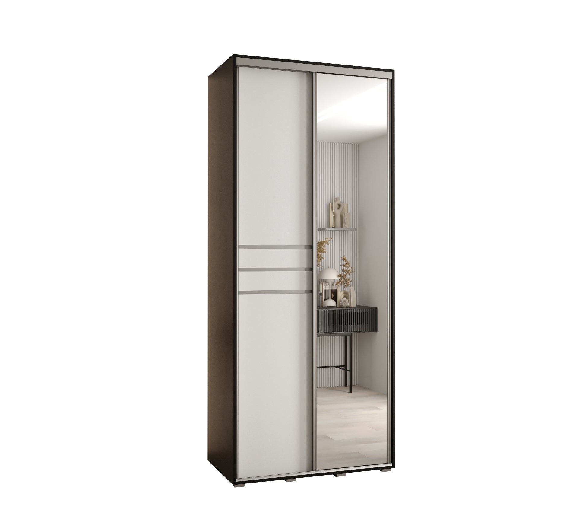 Szafa przesuwna z lustrem wysoka Davos 11 120 x 60 x 235,2 cm czarny + biały + u. srebrny - Abiks Meble