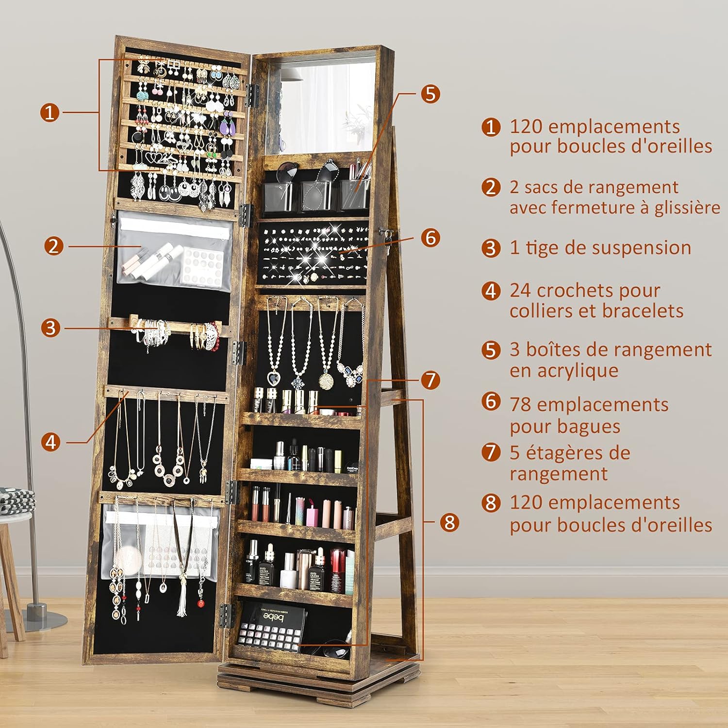 Armoire à Bijoux Pivotante à 360 Degrés sur Pieds,avec Grand Miroir Psyché et Etagère de Rangement à L’Arrière (Vintage) - 6