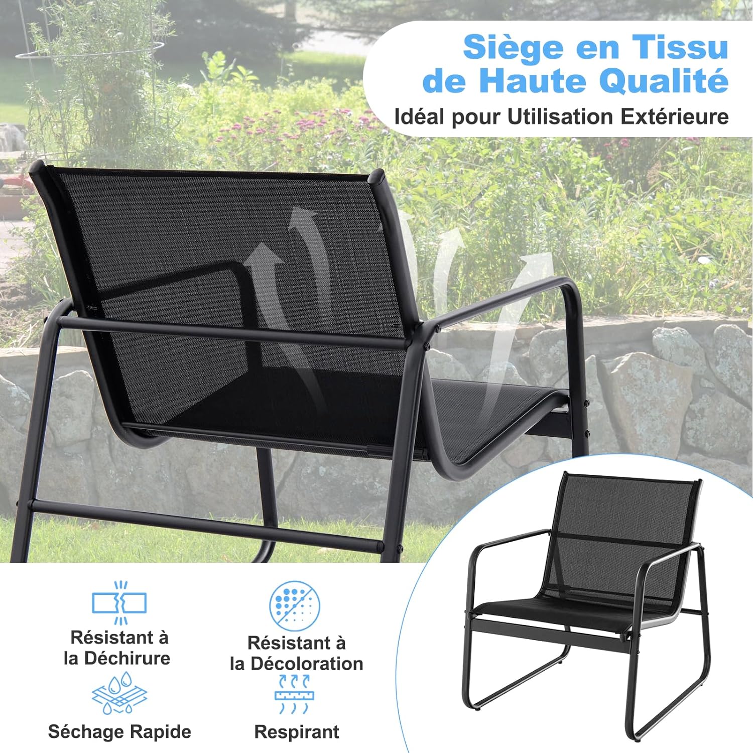 3Pcs Salon de Jardin 3 Personnes, Ensemble de 2 Chaises et de Table Basse en Verre Trempé, Salon de Bistrot avec Cadre Métallique - 7