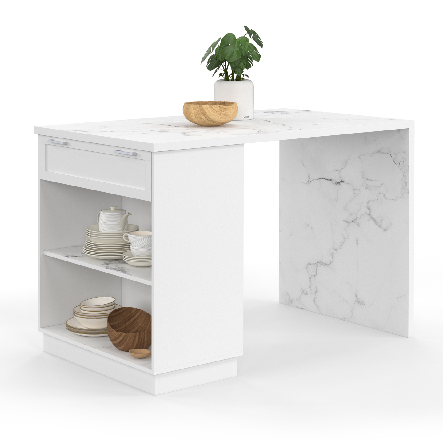 Ilot central mange-debout 4 personnes VITO 130 cm blanc et plateau marbre ALASKA - 2