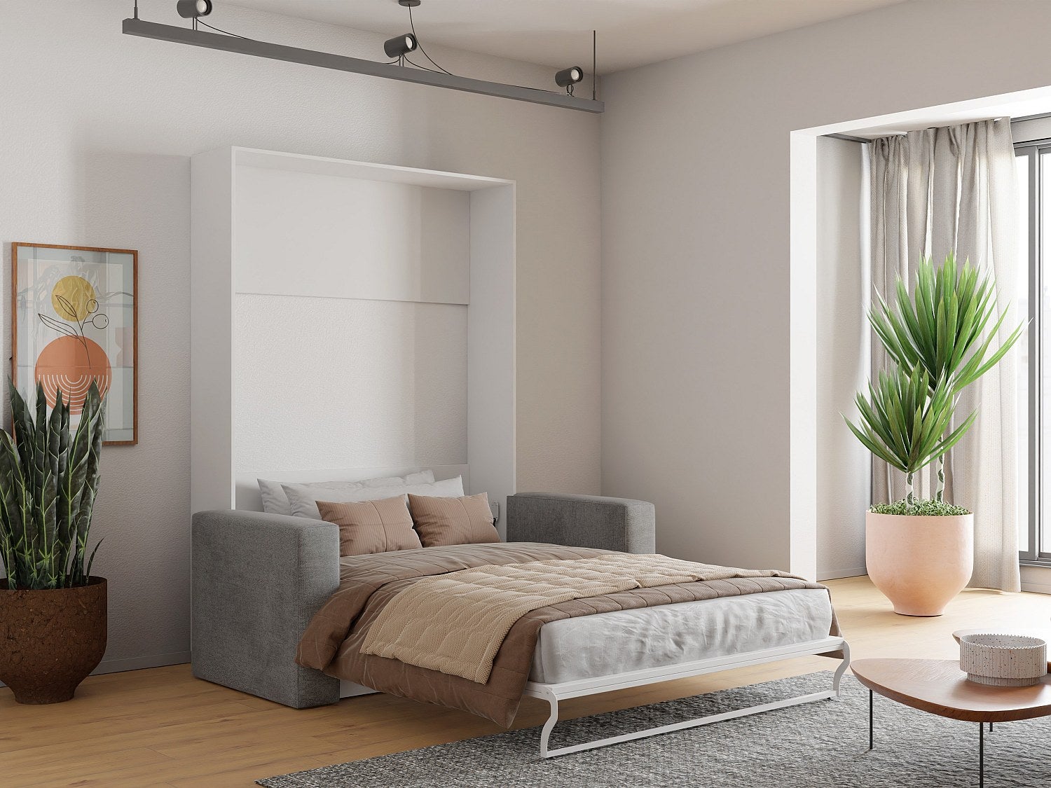 Letto a scomparsa con divano 140 x 200 cm Apertura verticale manuale Bianco e Grigio - VACIALA II - 2