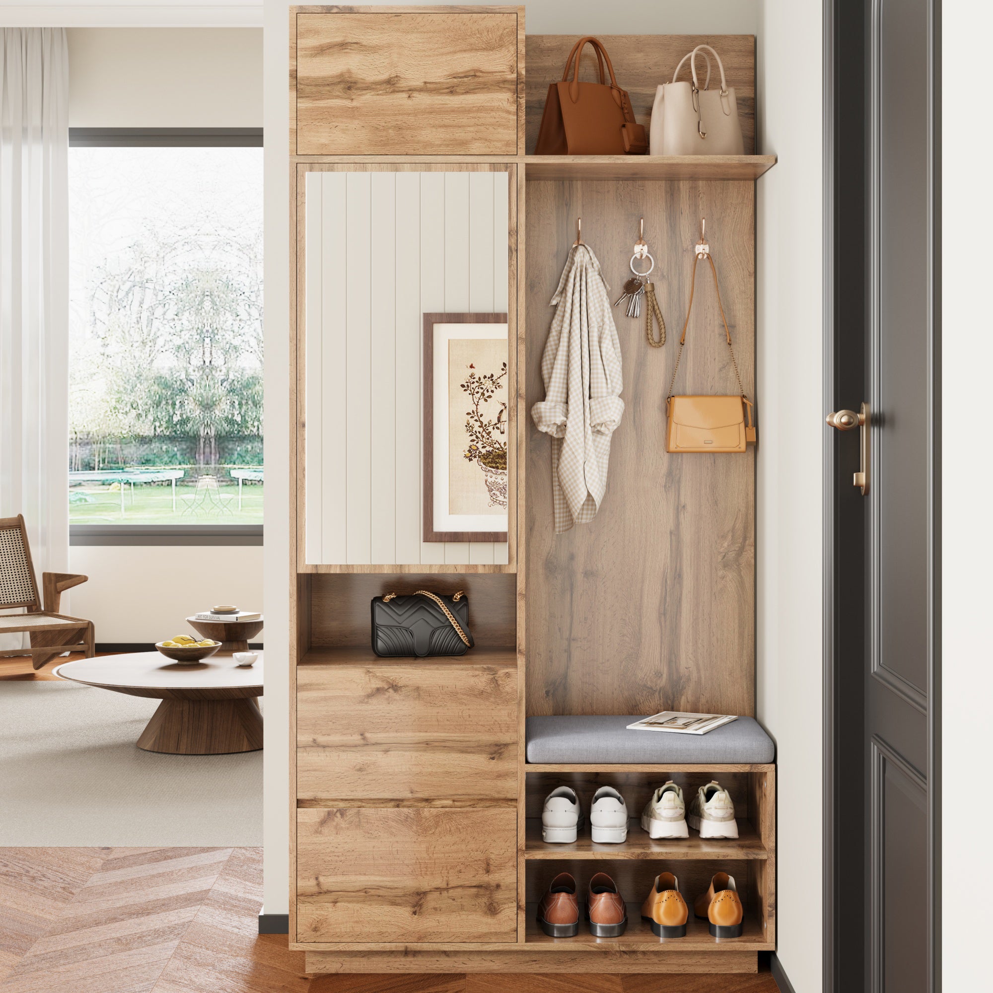 Szafka na buty z lustrem, ławką, wieszakami, 3 drzwiami i 1 szufladą - 90 x 34,5 x 190 cm - MDF - Naturalna - 7