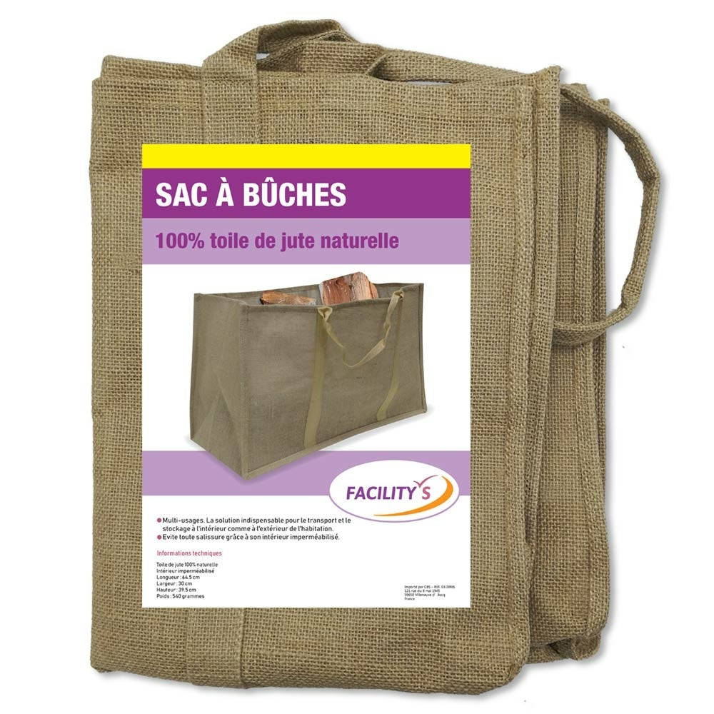 Sac à bûches en toile de jute - 64 x 30 x 39 cm - Transport bois de chauffage, pliable - 3
