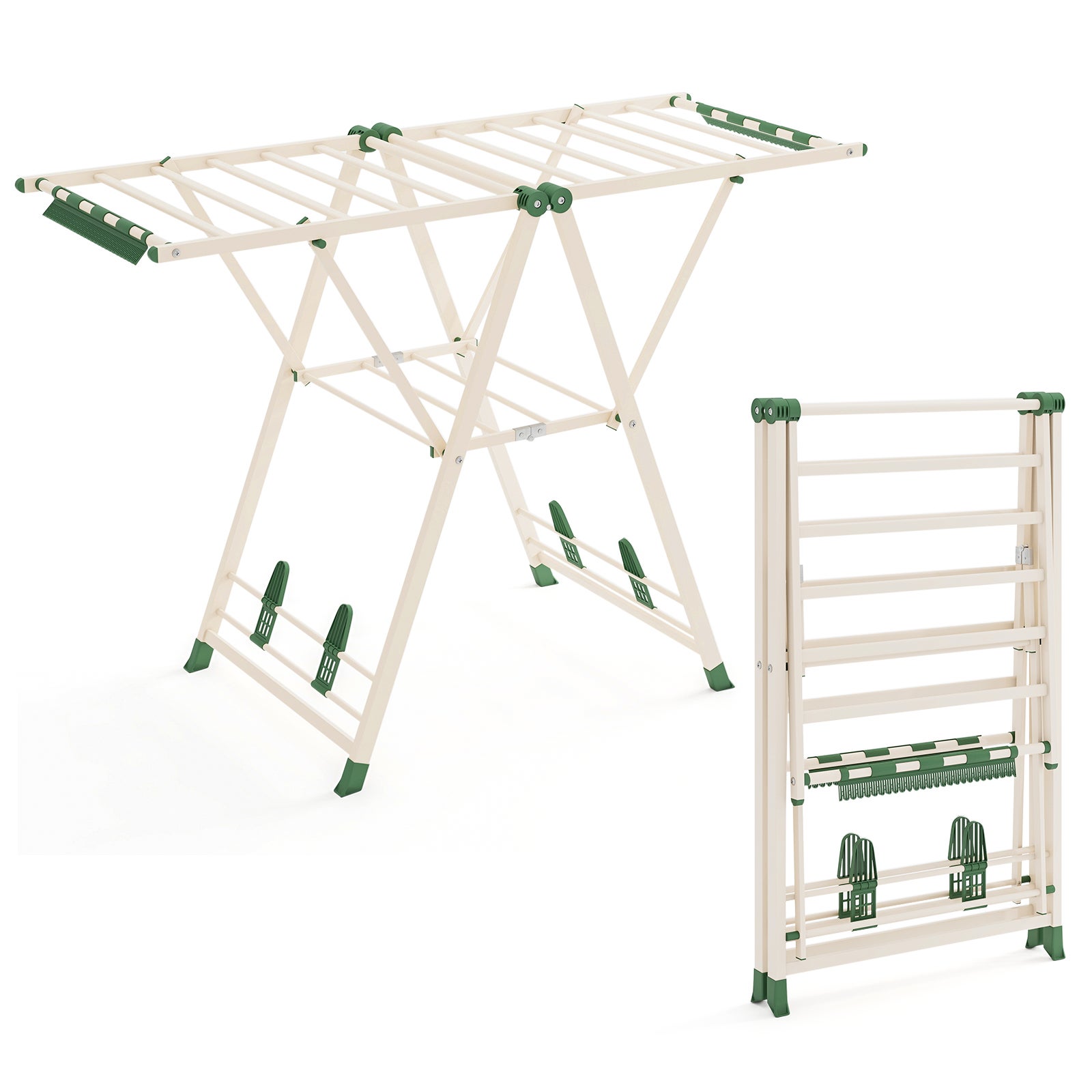 Składana Suszarka do Ubrań na Zewnątrz i do Wnętrz o Regulowanej Wysokości i Bocznymi Skrzydłami, 16 Prętów, 28 Bocznych Spinaczy i 4 Haczyki