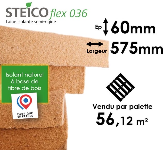 LAINE DE BOIS STEICO FLEX 36 - EPAISSEUR 60MM (R=1,65) - DIMENSIONS 575MM x 1220MM - PALETTE ENTIÈRE 56,12M²