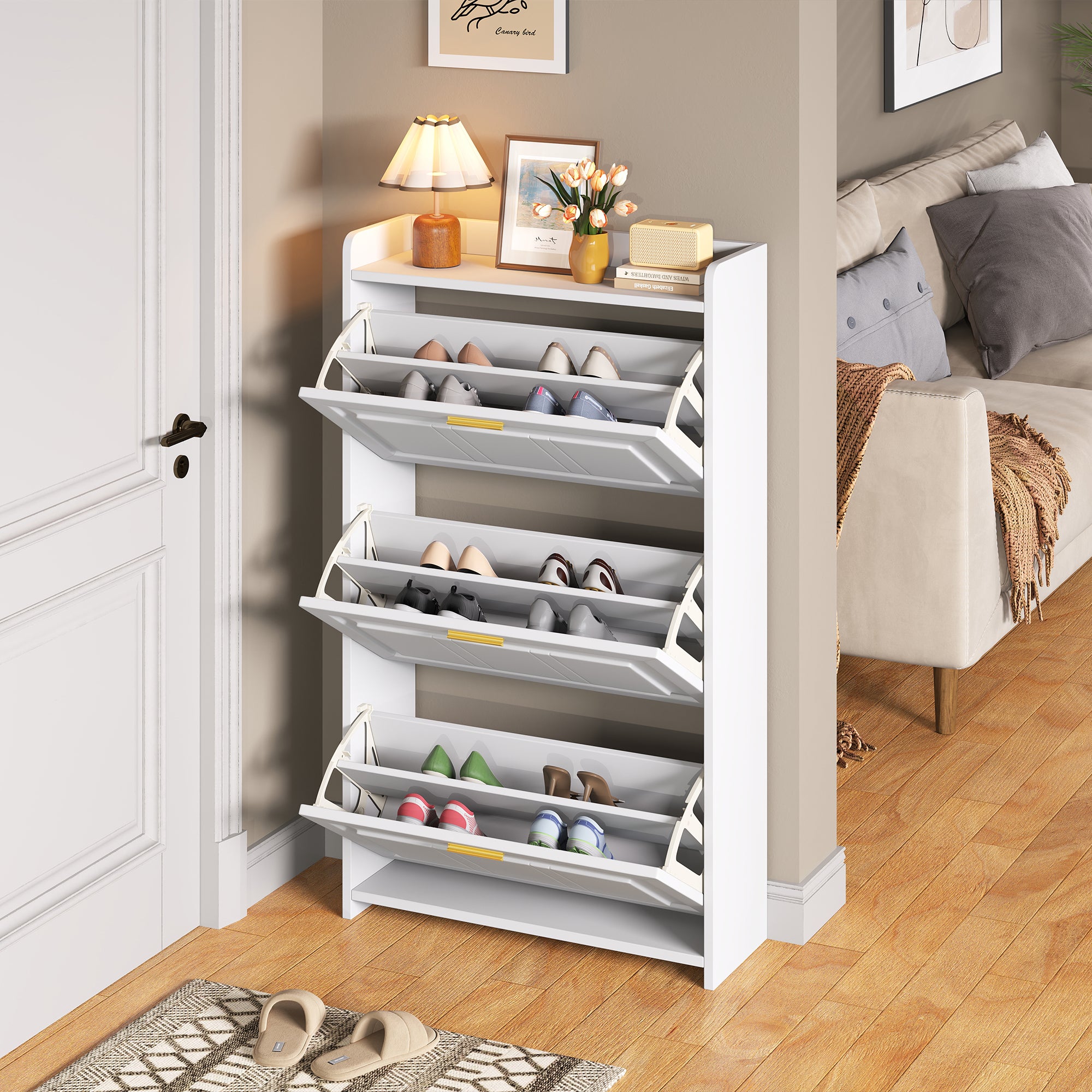 Meuble à chaussures avec 3 portes rabattables - 70 x 24 x 120 cm - MDF et panneaux de particules - Blanc - 2