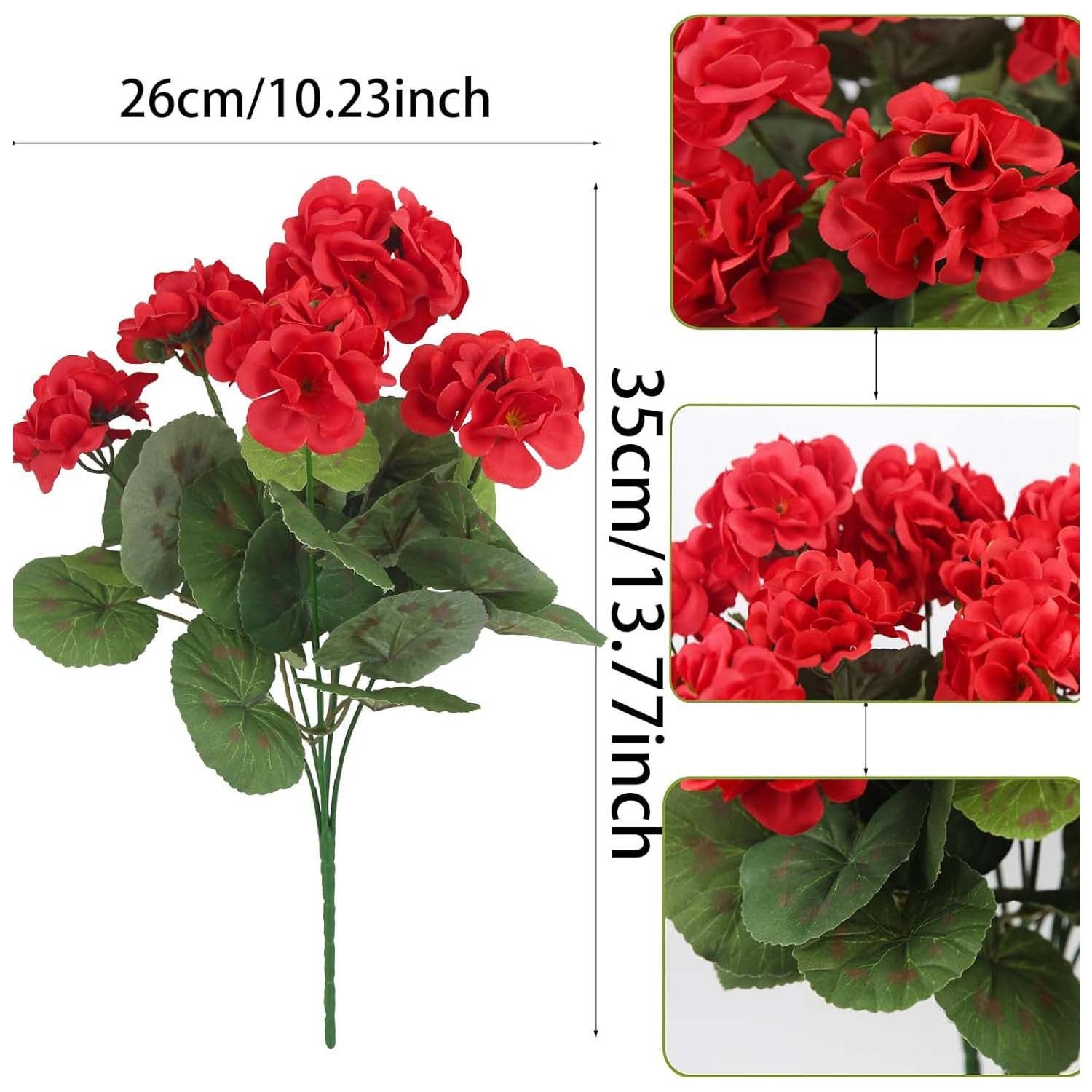 7 ramos geranios rojos artificiales resistentes a los rayos UV, flores para cementerio, balcón, jardín, hogar, primavera, decoración - 3