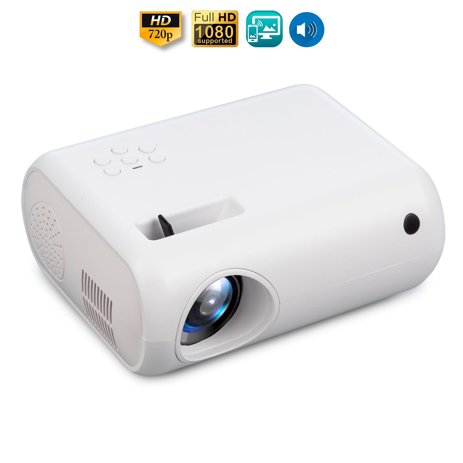 Videoproyector lcd m8 con 100 lúmenes ansi, imagen de 20–80 pulgadas, soporte full hd 1080p, duplicación de pantalla inalámbrica y por cable.