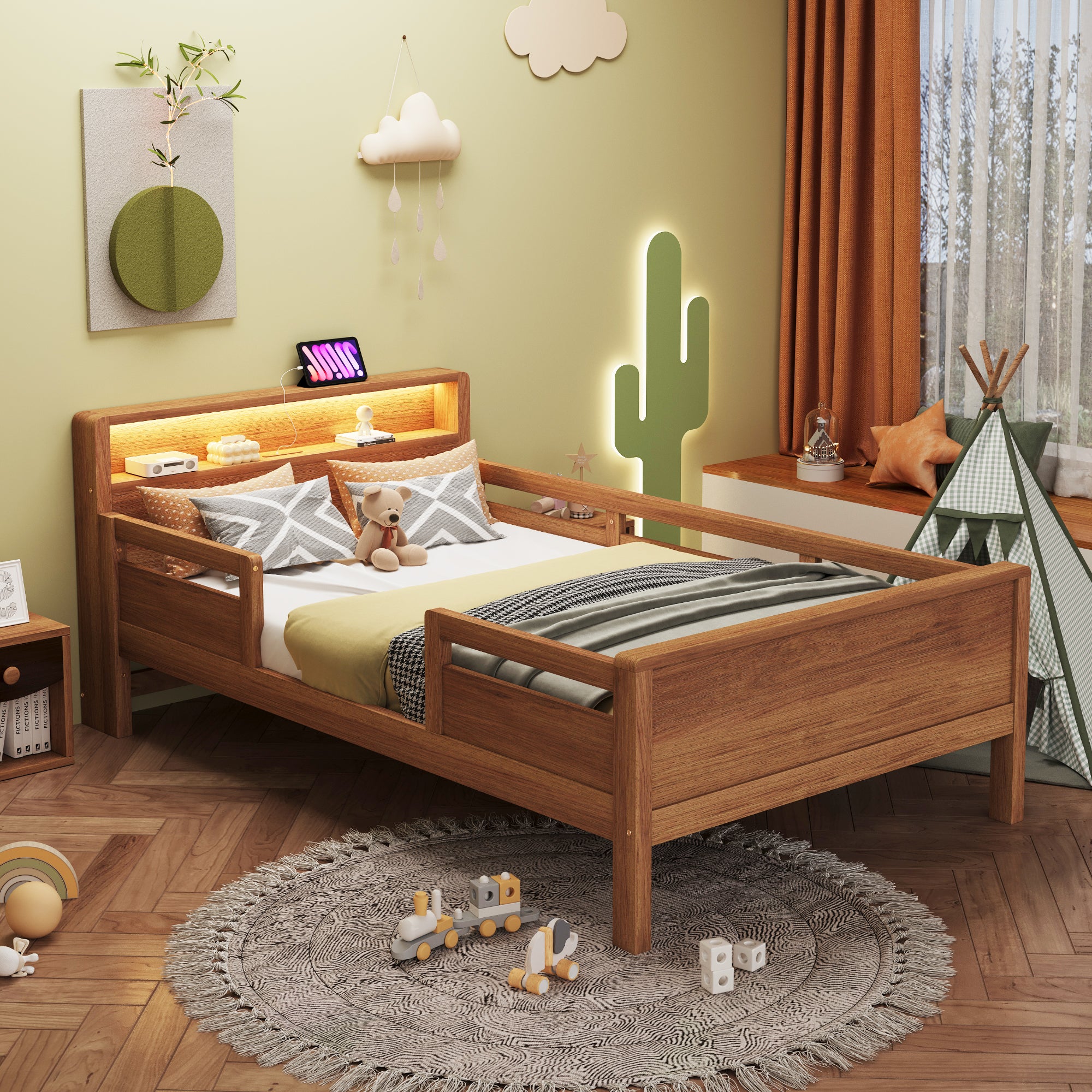 Lit Enfant 90x200 cm - Głowa łóżka z przechowywaniem + Gniazdo USB/Tape-C + LED - Srebrzysty drewno sosnowe - Stabilność i bezpieczeństwo
