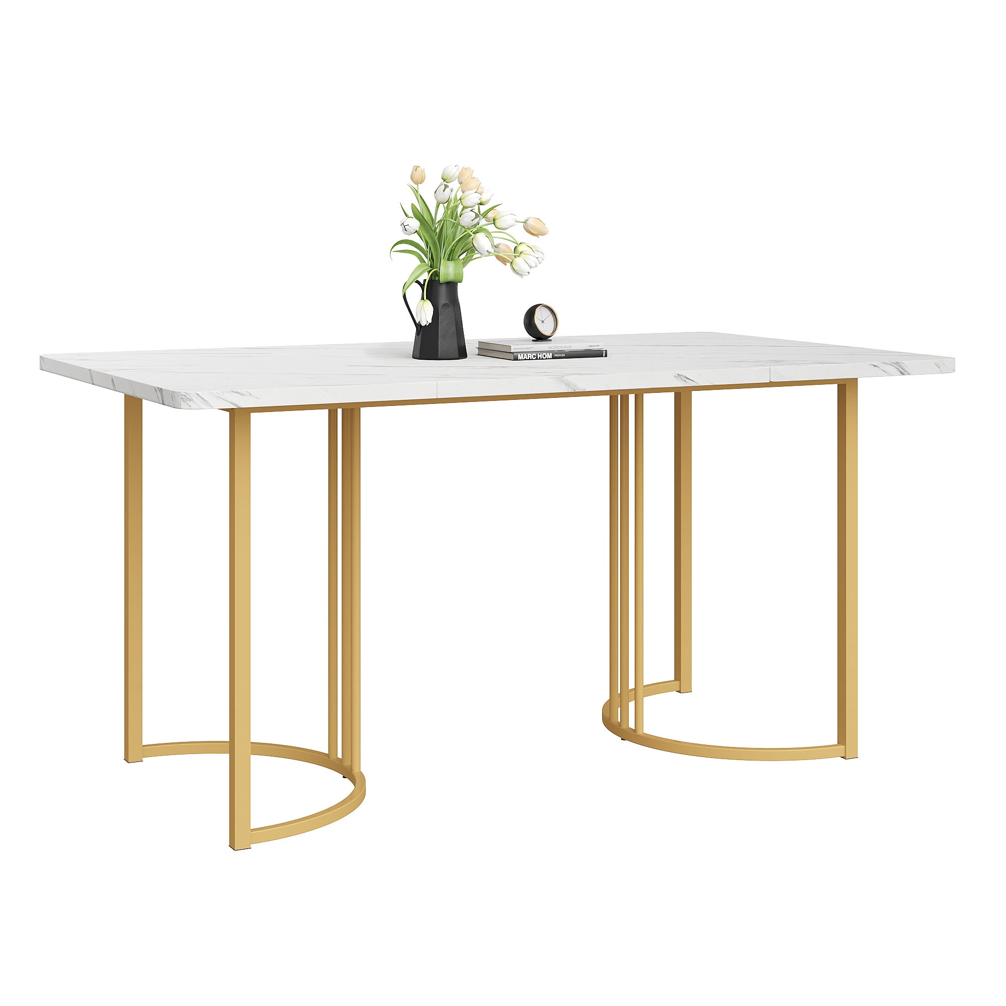 Mesa de comedor 140x80x75 cm, metal, rectangular, mármol moderno, patas ajustables, blanco/dorado - 3