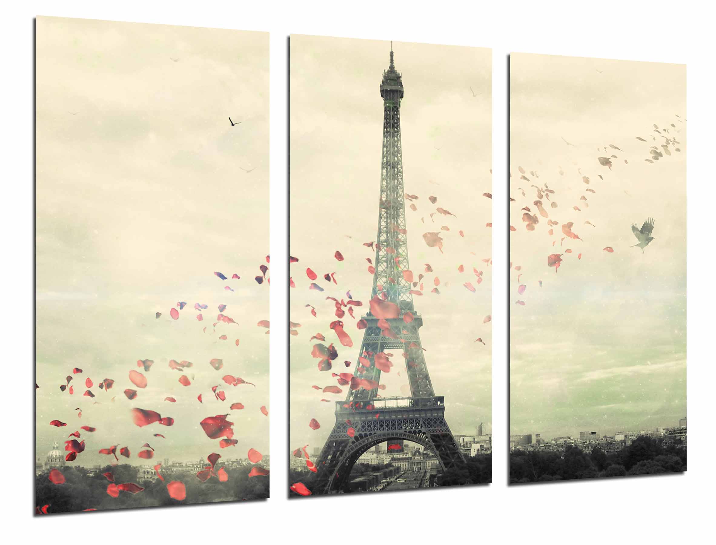 Paisaje ciudad paris, romantico petalos rosa, eiffeil, impresión fotográfica sobre madera, cuadro moderno decorativo