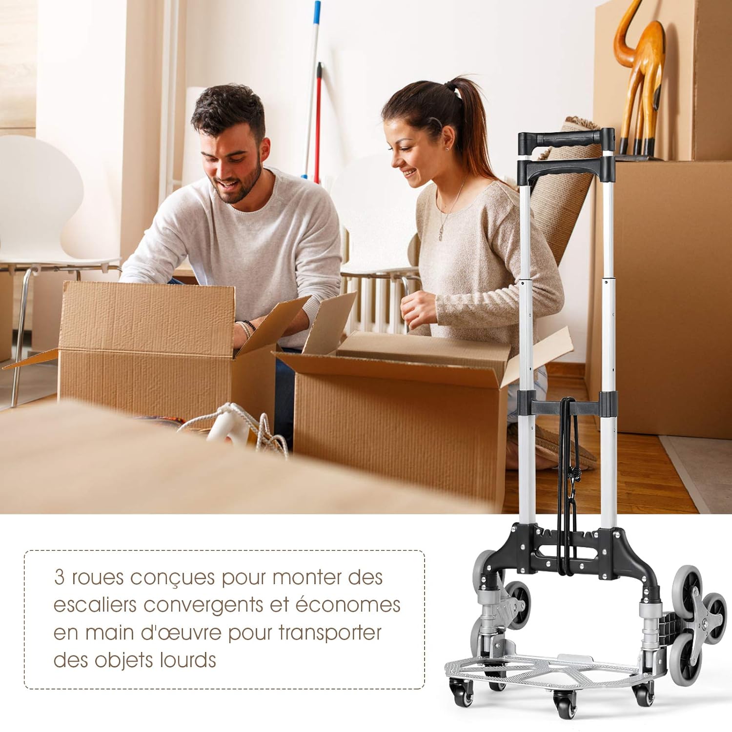 Diable Pliable 3 Roues en Aluminium, Chariot d’Escalier avec Corde de Fixation, Poignee Telescopique en 3 Positions 63-106CM, Charge 80KG, Diable - 7