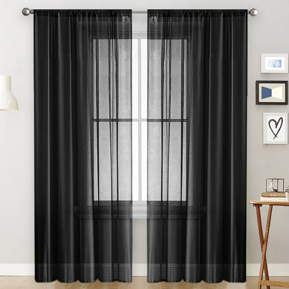 Perdele negre perforate, set de două bucăți - semi-opace - dimensiuni: 140 x 260 cm - potrivite pentru living, dormitor și balcon.