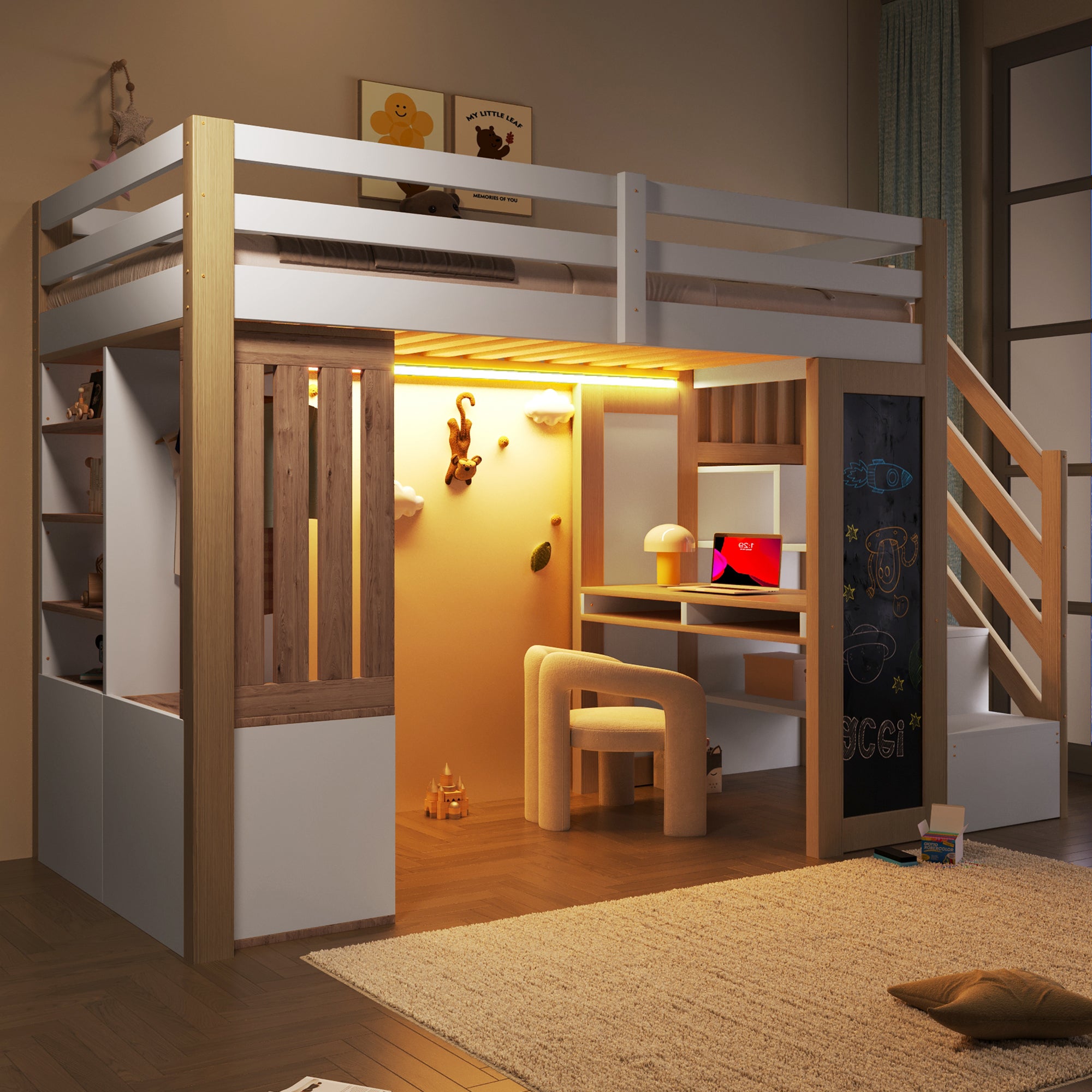 Lit mezzanine 90x200cm avec bureau intégré et LED,Lit enfant structure ...
