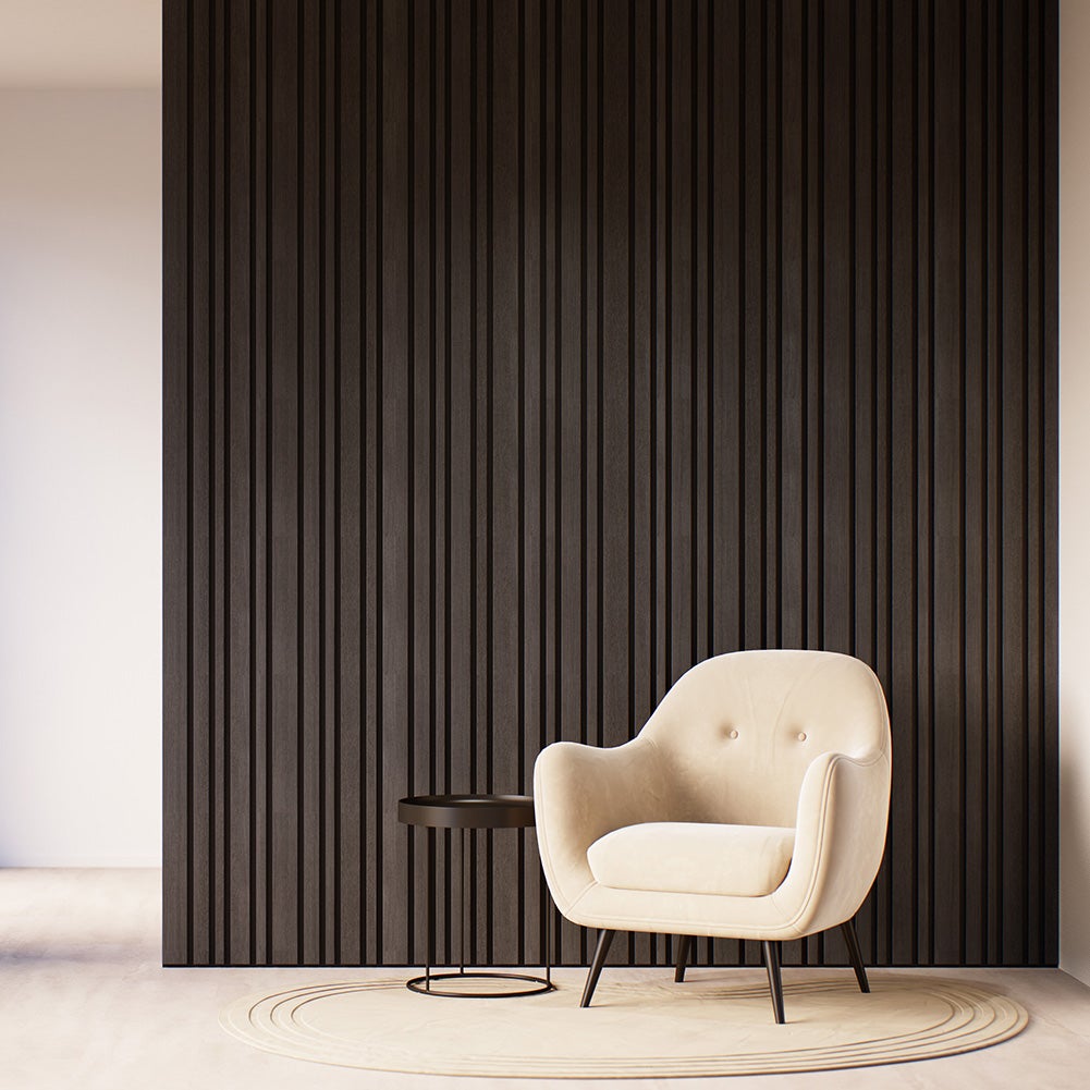 Lot de 2 Panneaux tasseaux bois MDF acoustique design BLEND décor chêne lave sur fond noir 2600 x 300 x 17 mm - 1,56 M2 PEFC 70% - 5