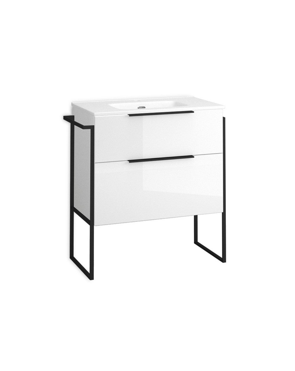 Armadio da bagno montato a pavimento con lavandino in ceramica | 120cm (2 seni) | 2 cassetti con chiusura imbottita e organizzatore | Bianco lucido - 2