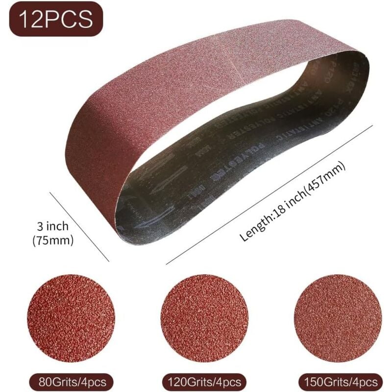 Pas ścierny 75 x 457 mm Pas do szlifierki - Zestaw mieszanych pasów ściernych (4 X ziarna 80/120/150) do szlifierek taśmowych, idealny (12 sztuk)