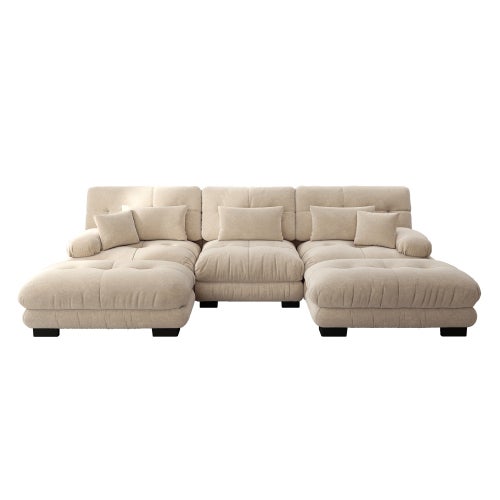 Canapé d'angle, canapé en U pour salon à 3 place avec pouf amovible, en tissu, beige - 5
