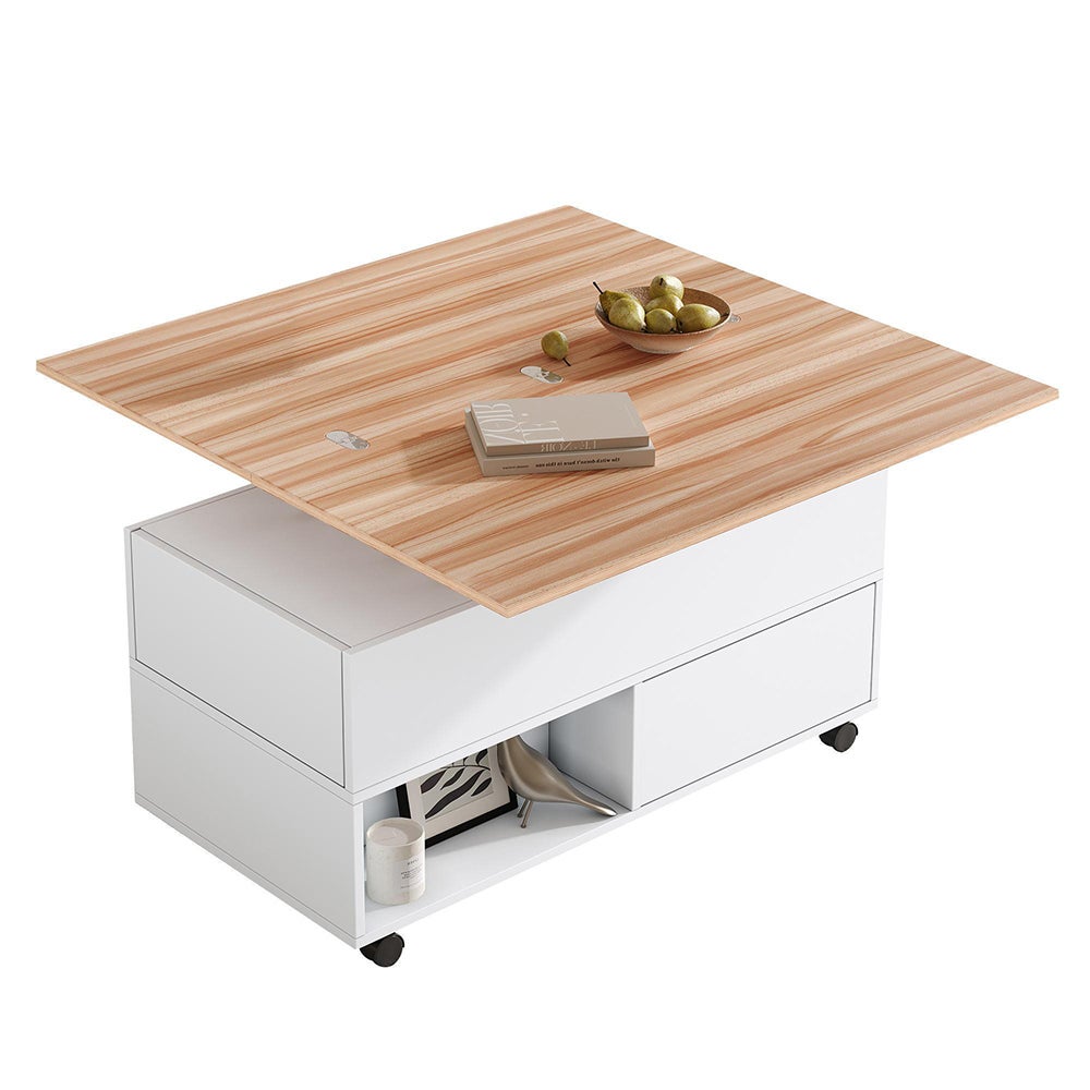 Table basse avec 4 roulettes 4 tiroirs relevable réglable en hauteur avec espace de rangement blanc - 3