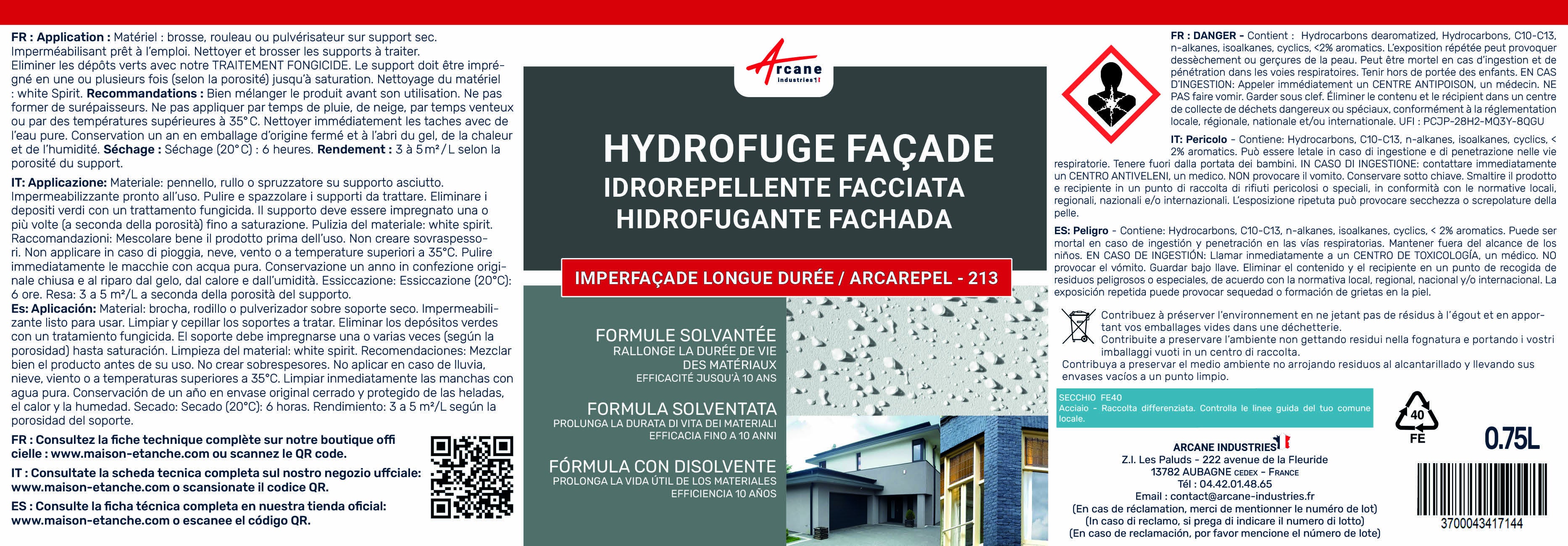 Hydrofuge façade solvanté imperméabilisant mur, crépi - IMPERFACADE - 0.75 L (jusqu'à 3.75 m²) - ARCANE INDUSTRIES - 4