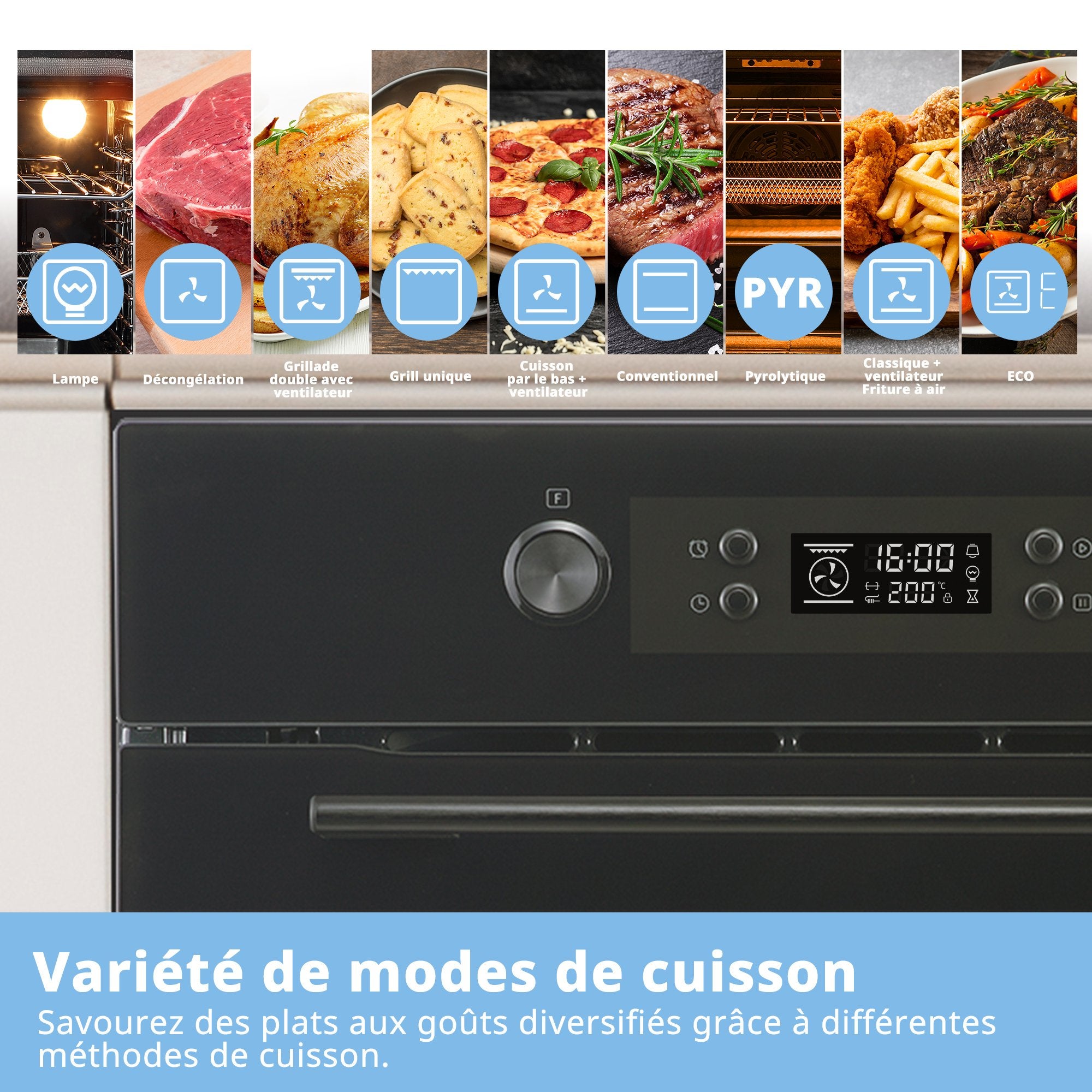 Four encastrable Pyrolyse Friteuse à air chaud - 72L - 59,5 x 57,5 x 59,5 cm - COMFEE CBO65P80E0-BK - Noir - Classe A - 2