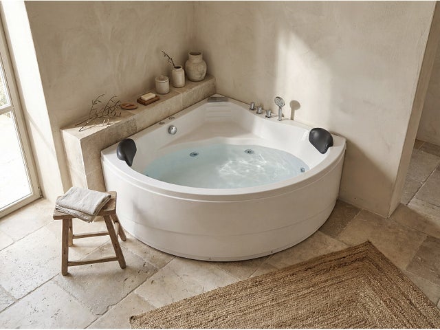 Baignoire balnéo d'angle avec système de cascade - 150 x 150 x 60 cm - 2 places - 350 L - AGLENA