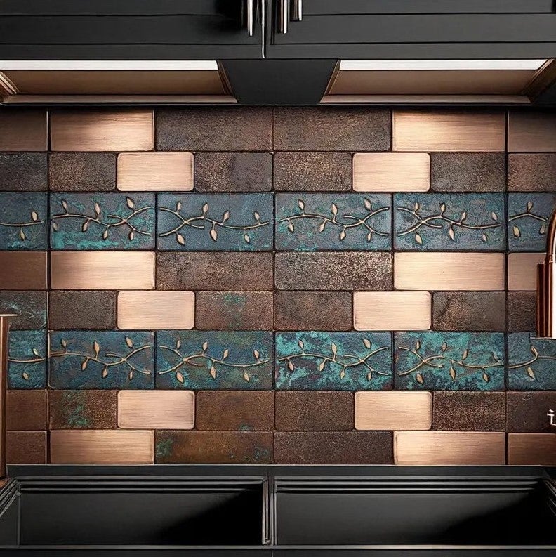 Płytki ścienne z miedzi Lamina – Płytki miedziane Vintage do kuchni – Ręcznie wykonany panel miedziany do kuchni | Unikalne płytki kuchenne z miedzi