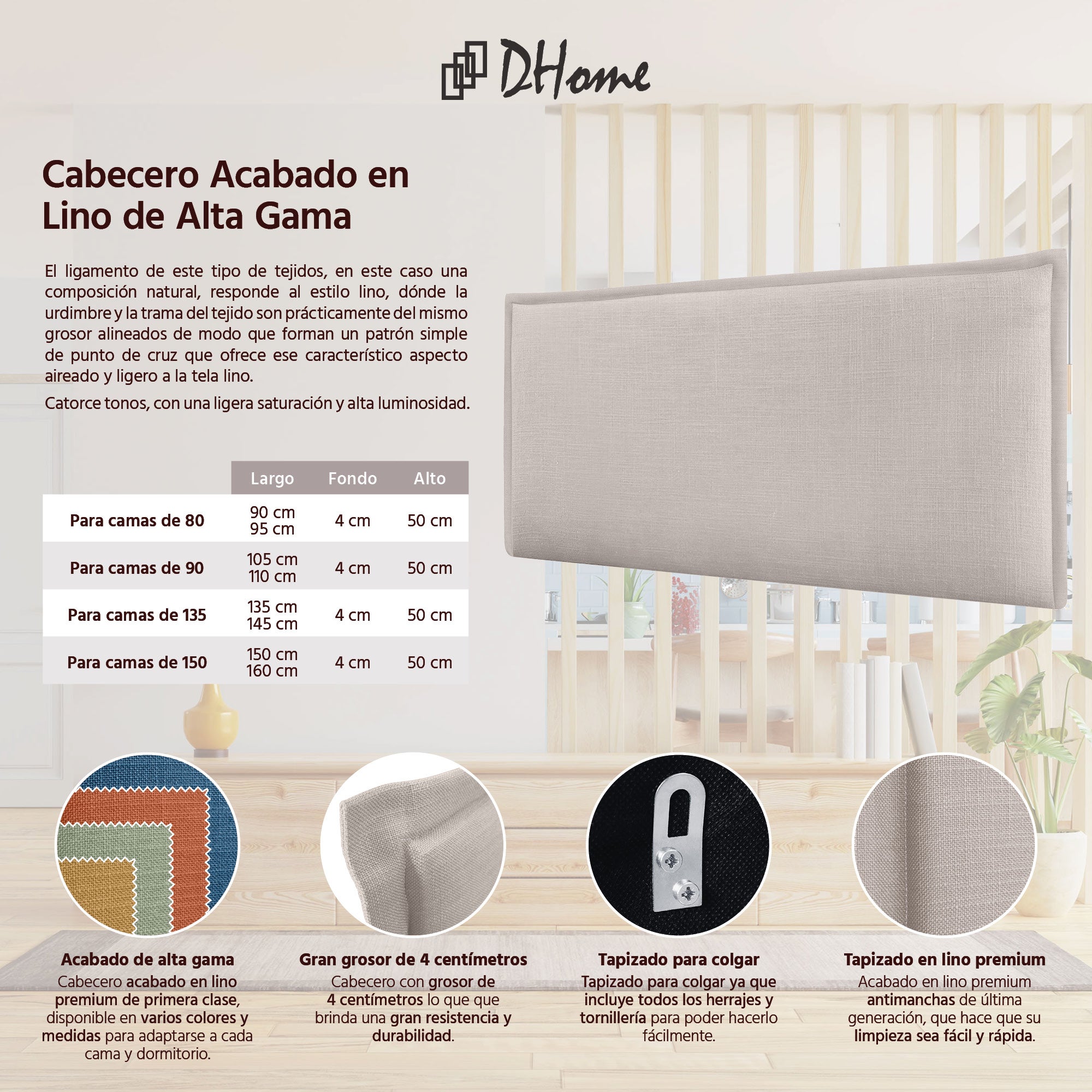 DHOME Cabecero de Lino Natural Liso con Ribete Cabezal Tapizado Cama Dormitorio Moderno Top Trending (Beige, 90cm) - 2