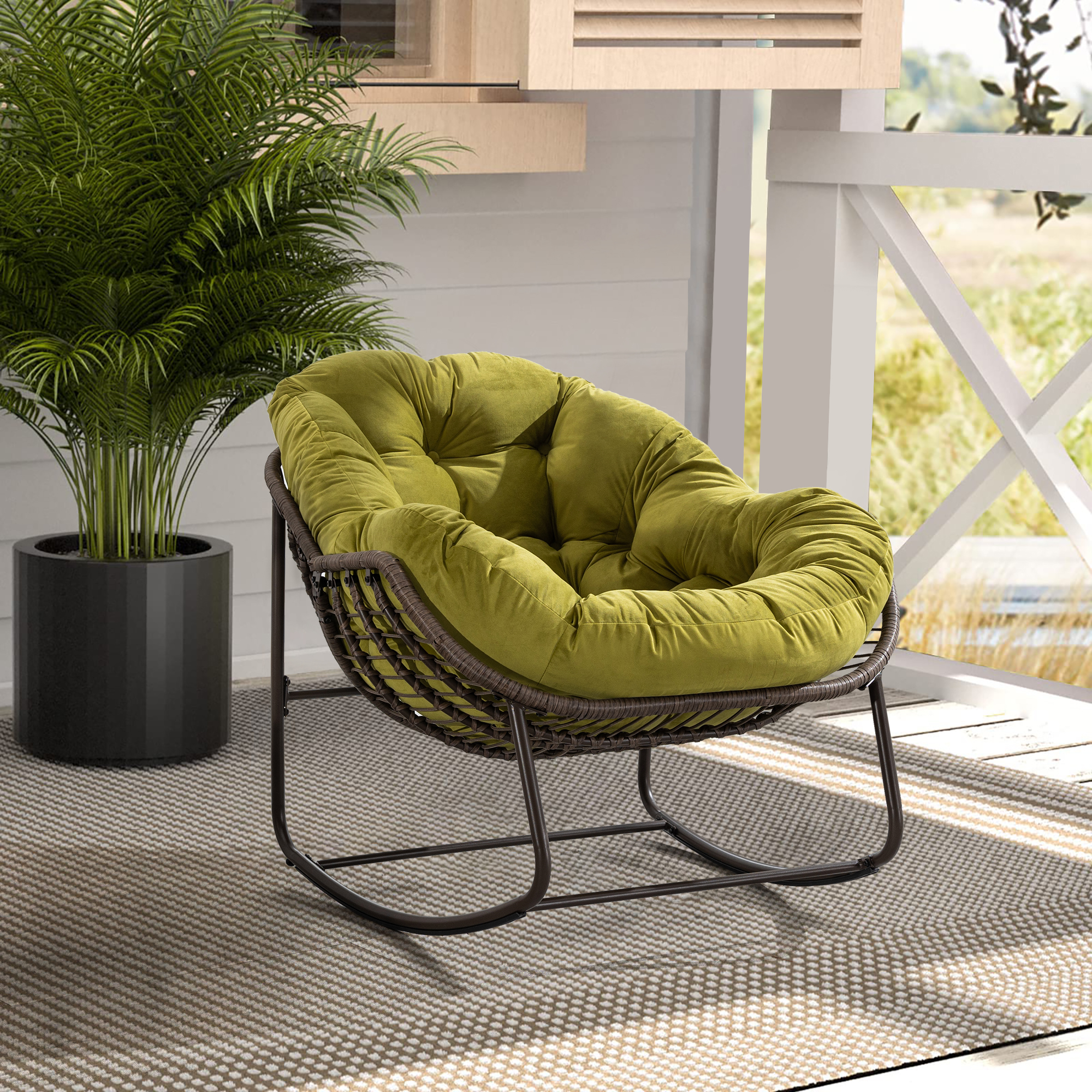 Sedia A Dondolo In Rattan Con Cuscino Beige - Perfetta Per Terrazza, Giardino E Soggiorno - Supporta Fino A 113 Kg - Foto 12
