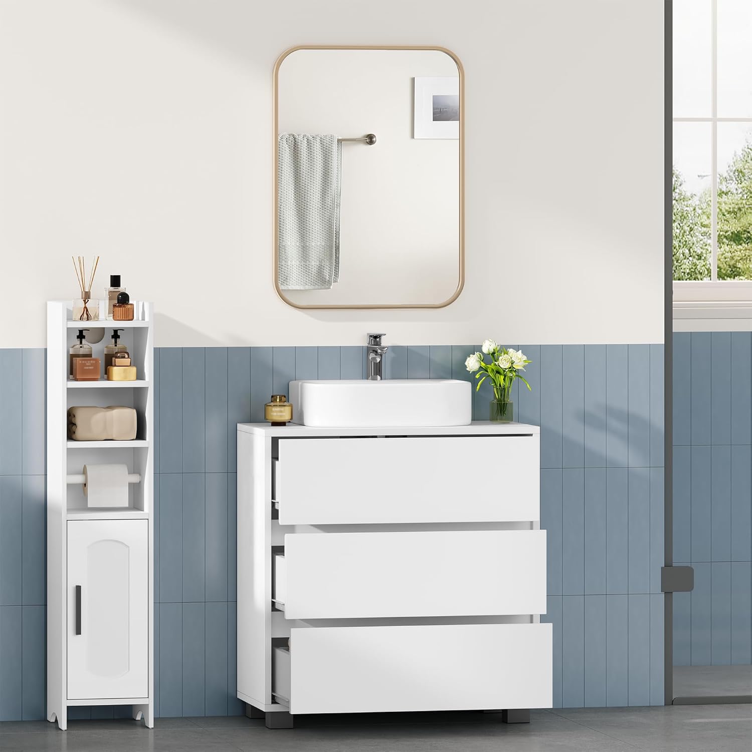 Mobile Sottolavabo per Bagno, Mobile Bagno Sottolavabo con 3 Cassetti, per Lavabo Senza Rialzo, Convient pour Bagnetto, Moderno, Bianco - 2