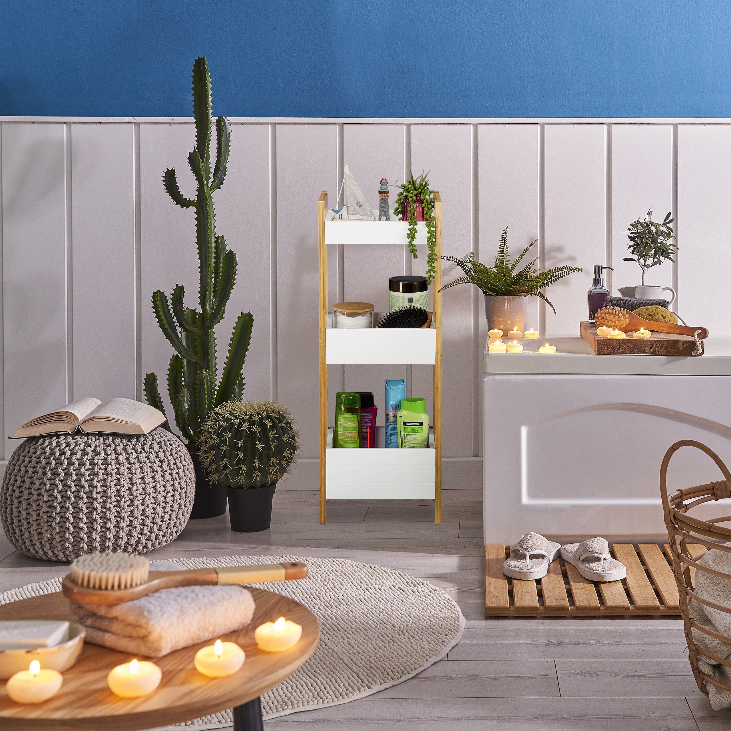 Etagère de bain avec 3 paniers, bambous et MDF, HxlxP 74,5 x 28 x 20 cm; debout, en cuisine, nature/blanc, Relaxdays - 2