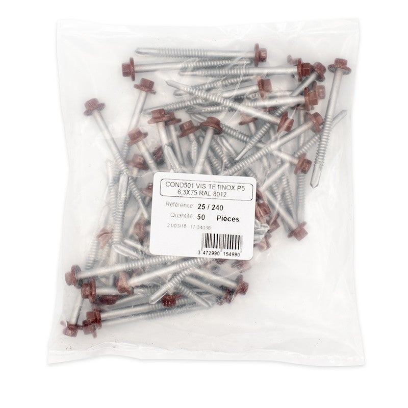 50 Vis pour support acier 6.3x75 | Rouge Tuile | RAL 8012 - 2