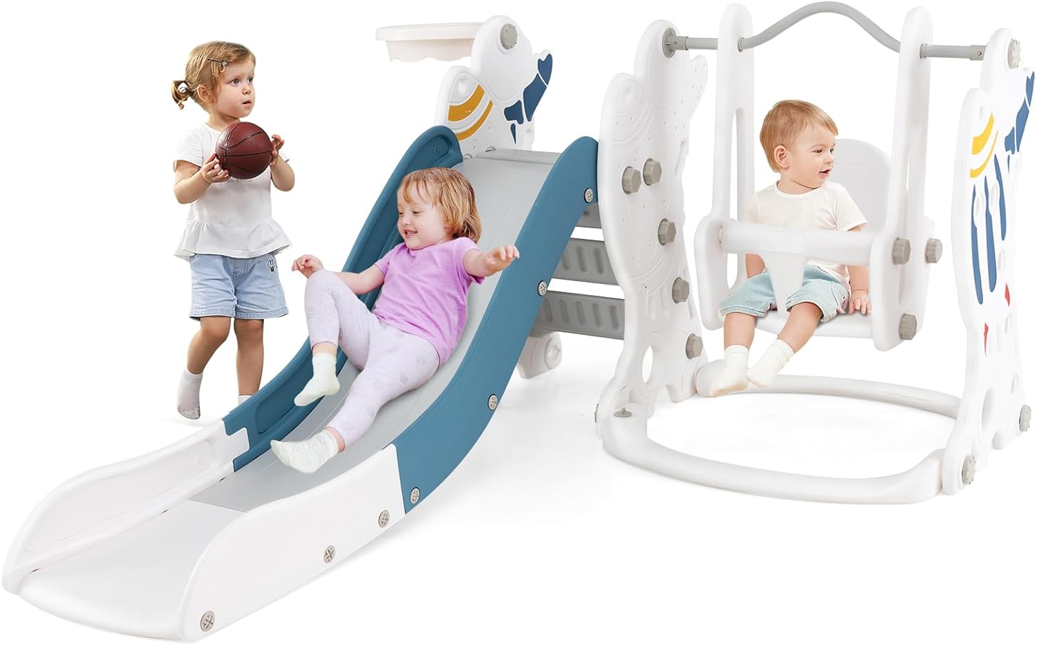 Toboggan Enfant 4 En 1 Avec Panier De Basket Et Balançoire - Aire De Jeu Intérieur/extérieur Autoportante - Rose A - 9