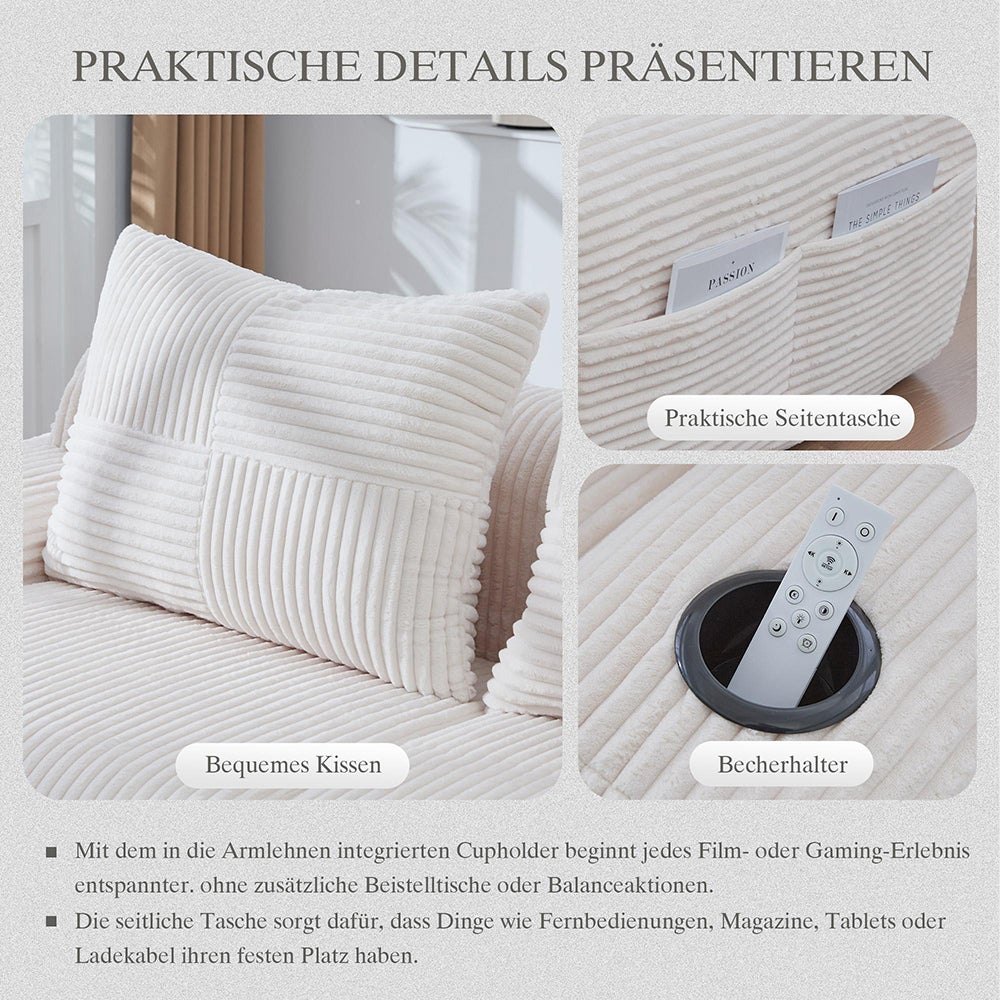 Canapé 2 places 200 cm - Canapé modulable avec accoudoirs - Porte-gobelets - Sans montage - Tissu velours côtelé - Beige - 5