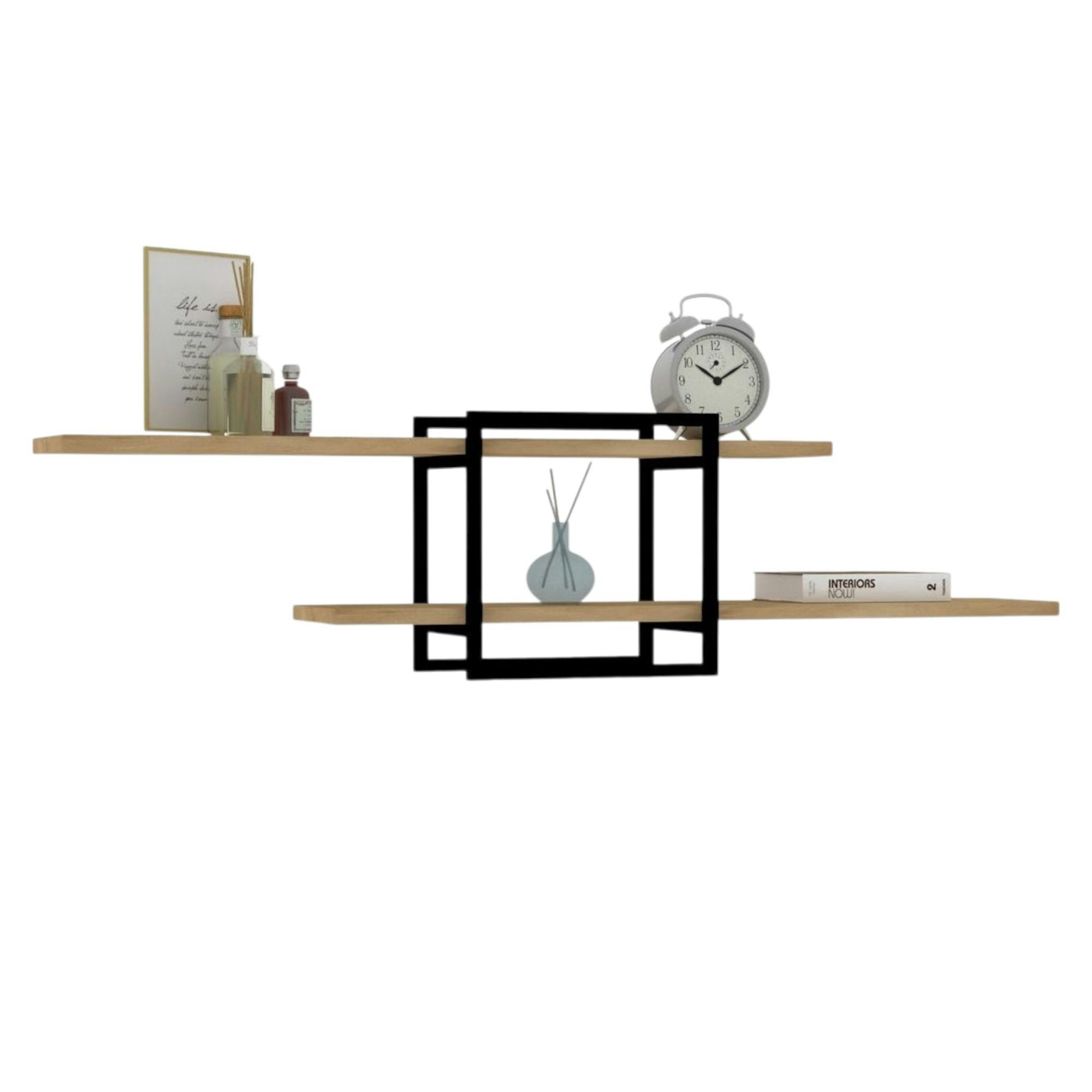 Étagère murale design effet bois clair - 1 cube, 2 plateaux JENA - 3