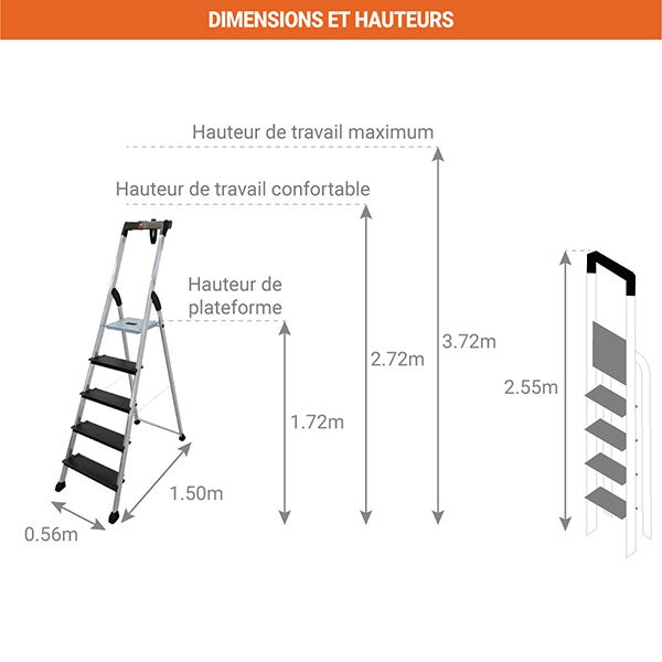 Escabeau 8 marches - Hauteur max. de travail 3.72m - 8818-211 - 2