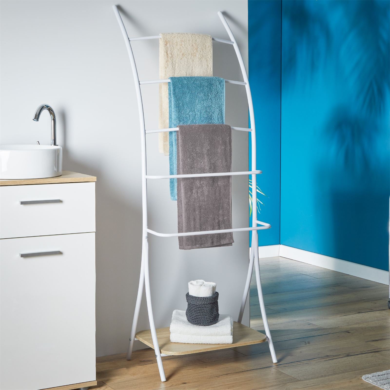 Porte-Serviettes Sur Pied Blanc 4 Barres – Organisateur Métal Avec Étagère, Support Serviettes Salle De Bain 80x25x120 Cm