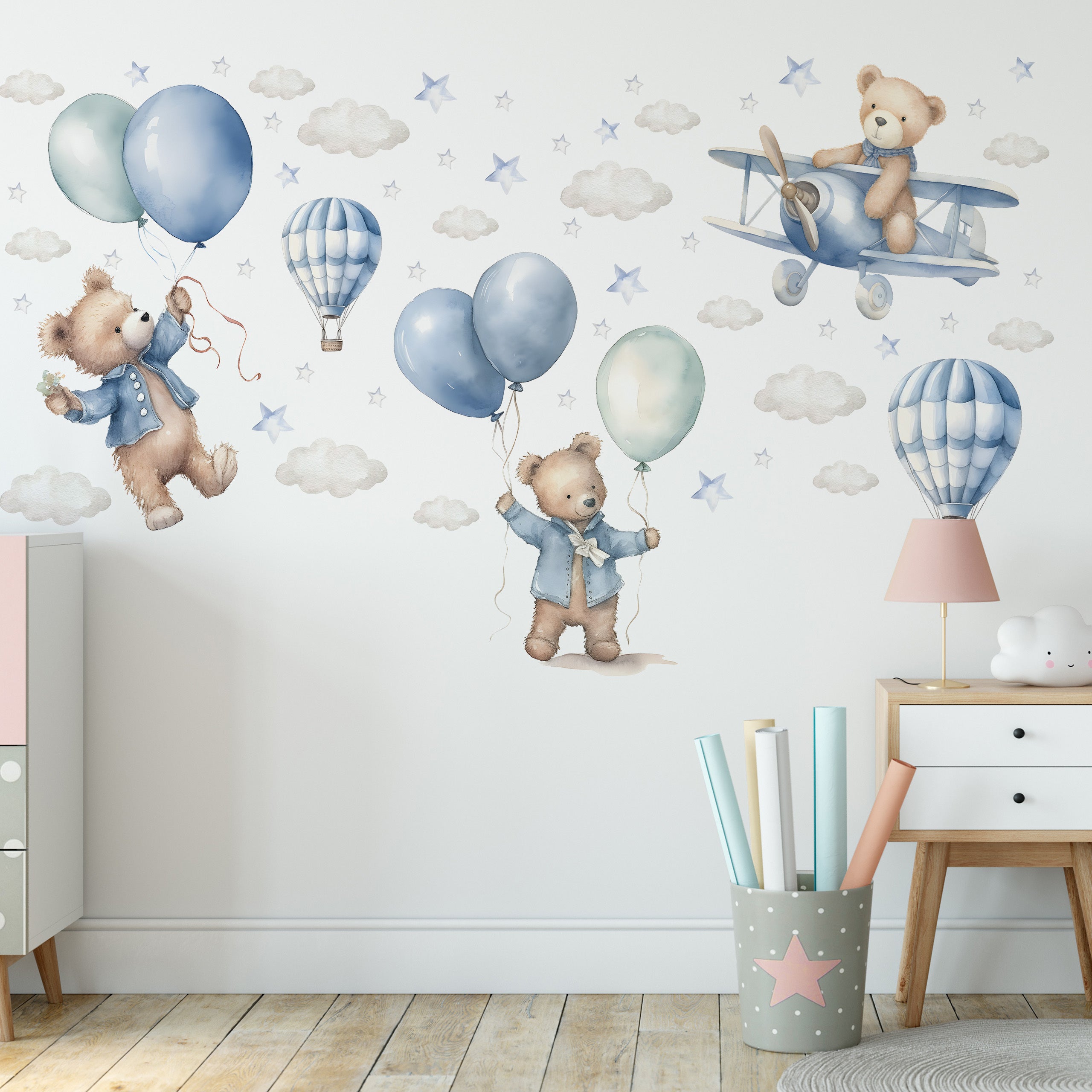Autocollant OURS Adorables Ballons Bleus Animaux en Peluche Style Moderne Pour La Chambre 60cm x 30cm - 4