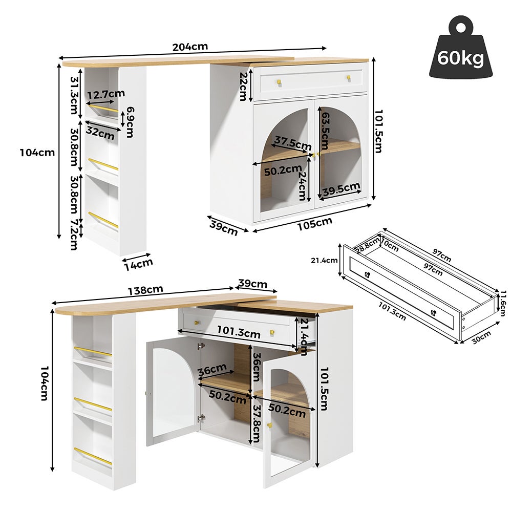 Table bar extensible 138-204x39x104cm pivotante 360°, blanc+verre - 3