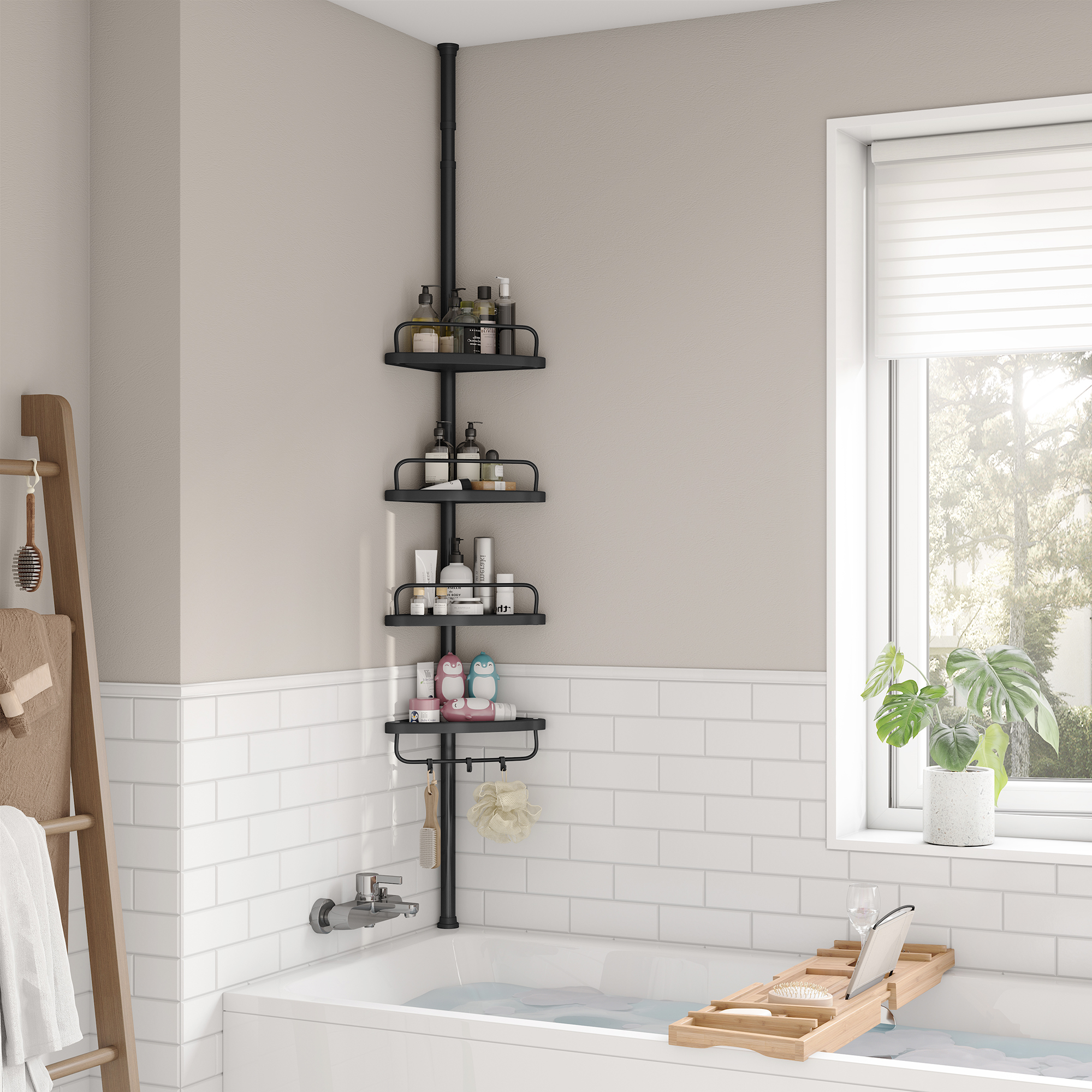 Étagère Douche sans Perçage à 4 Niveaux, 85-305 cm, Rangement Salle de Bain Télescopique, Étagère Angle, Noir | Leroy Merlin