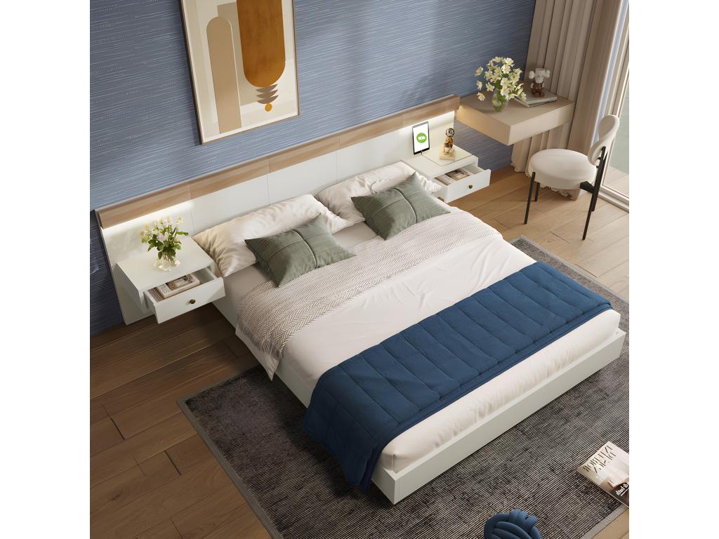 Letto adulto 160x200 cm in legno con comodini sospesi porte LED