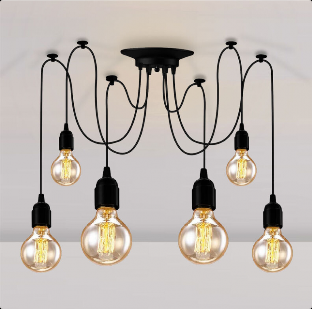 Lampa wisząca z gniazdem 6 x E27, żyrandol w stylu retro w kształcie pająka, czarny