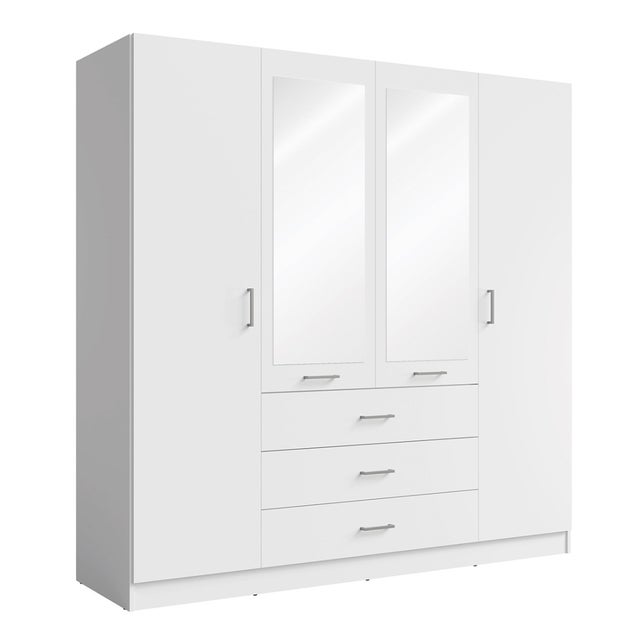 Armoire KALISTA 200 cm blanc mat – 4 portes battantes, 2 miroirs, 3 tiroirs
