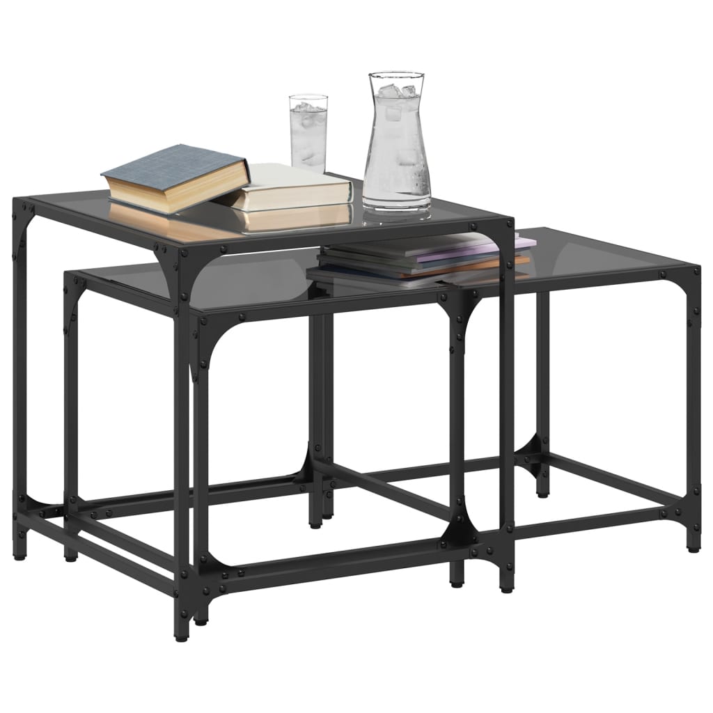2 peças Mesas de Café，Mesa de centro Nesting com tampo de vidro preto em aço CFW669165 - 3