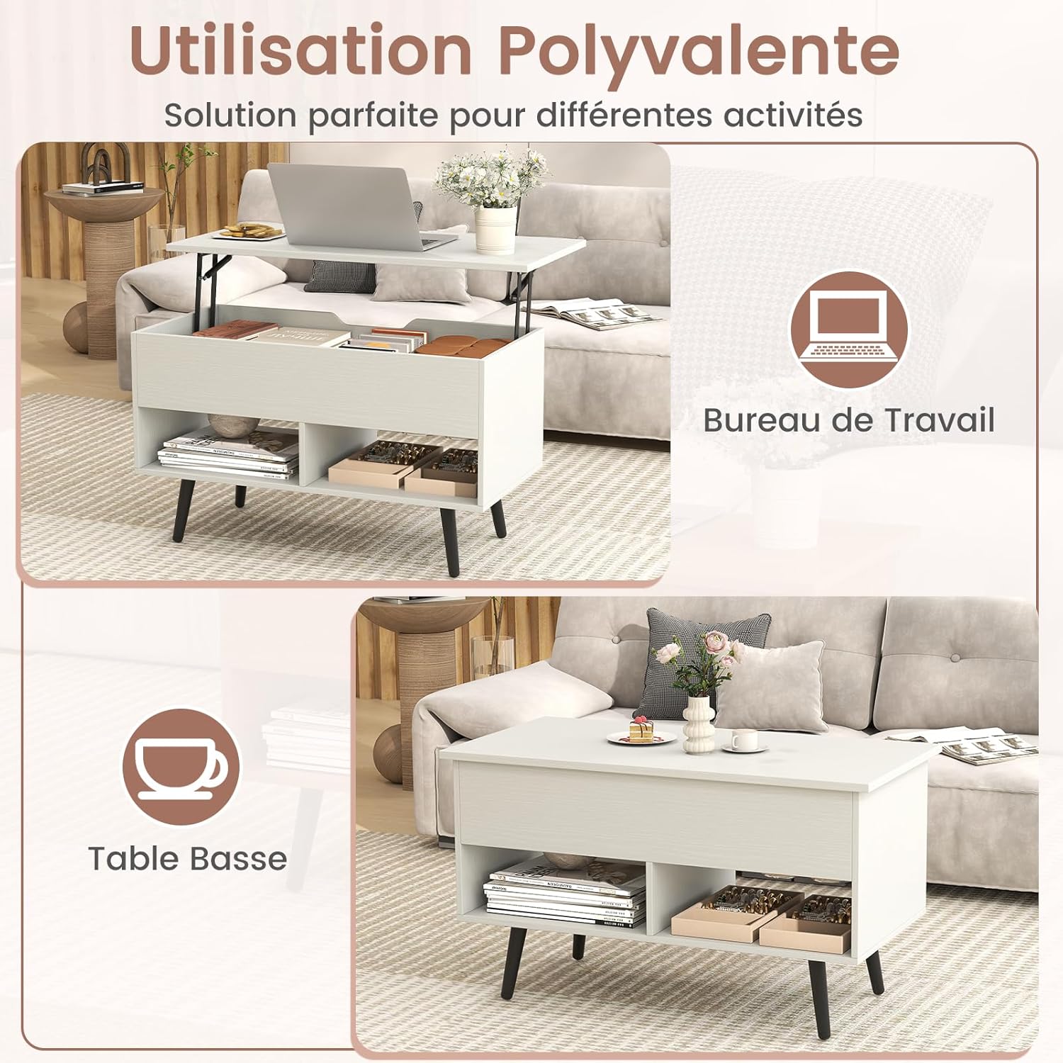 Tavolino Salotto Sollevabile in Legno, Tavolino da Caffè con Scomparto Nascosto e 2 Scaffali Aperti, Tavolino Basso e Modern per Soggiorno, Sa - 3