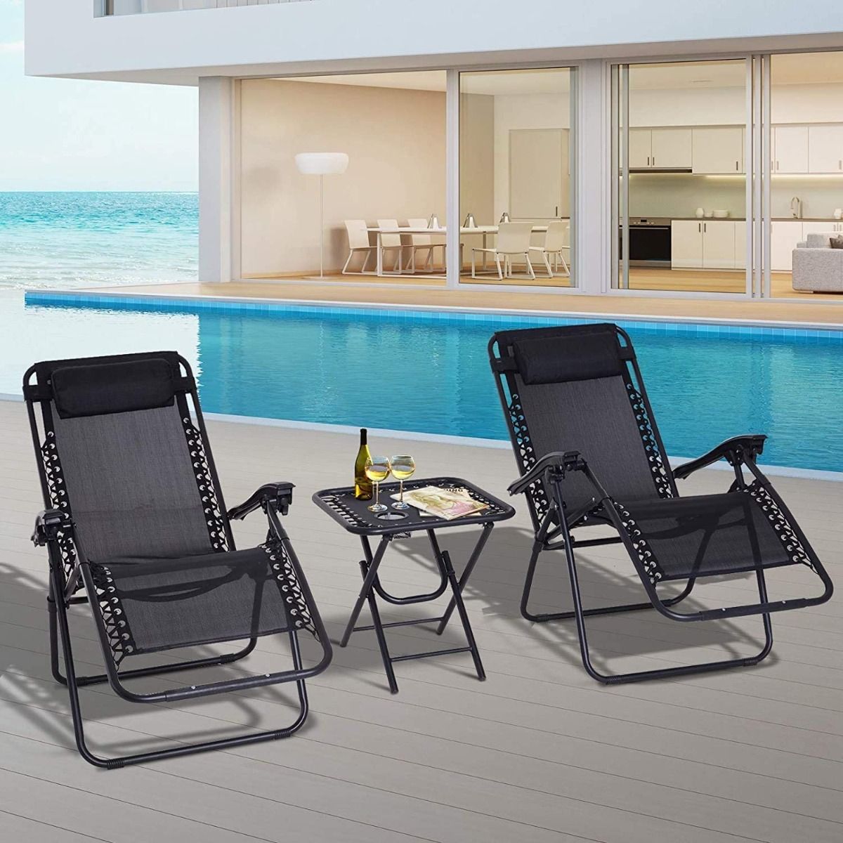 Set de 2 sillas Gravedad Cero reclinables Tumbonas sillas reclinable ajustable butacas plegable con almohada Gris Oscuro - 3