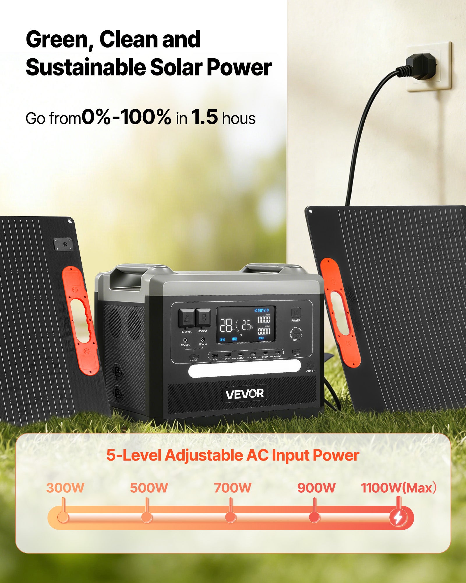 Estação energia VEVOR 2160 Wh Gerador solar portátil 2400 W 2 painéis solares dobráveis ​​​​200 W, 10 portas de saída, potência de entrada ajustável - 3