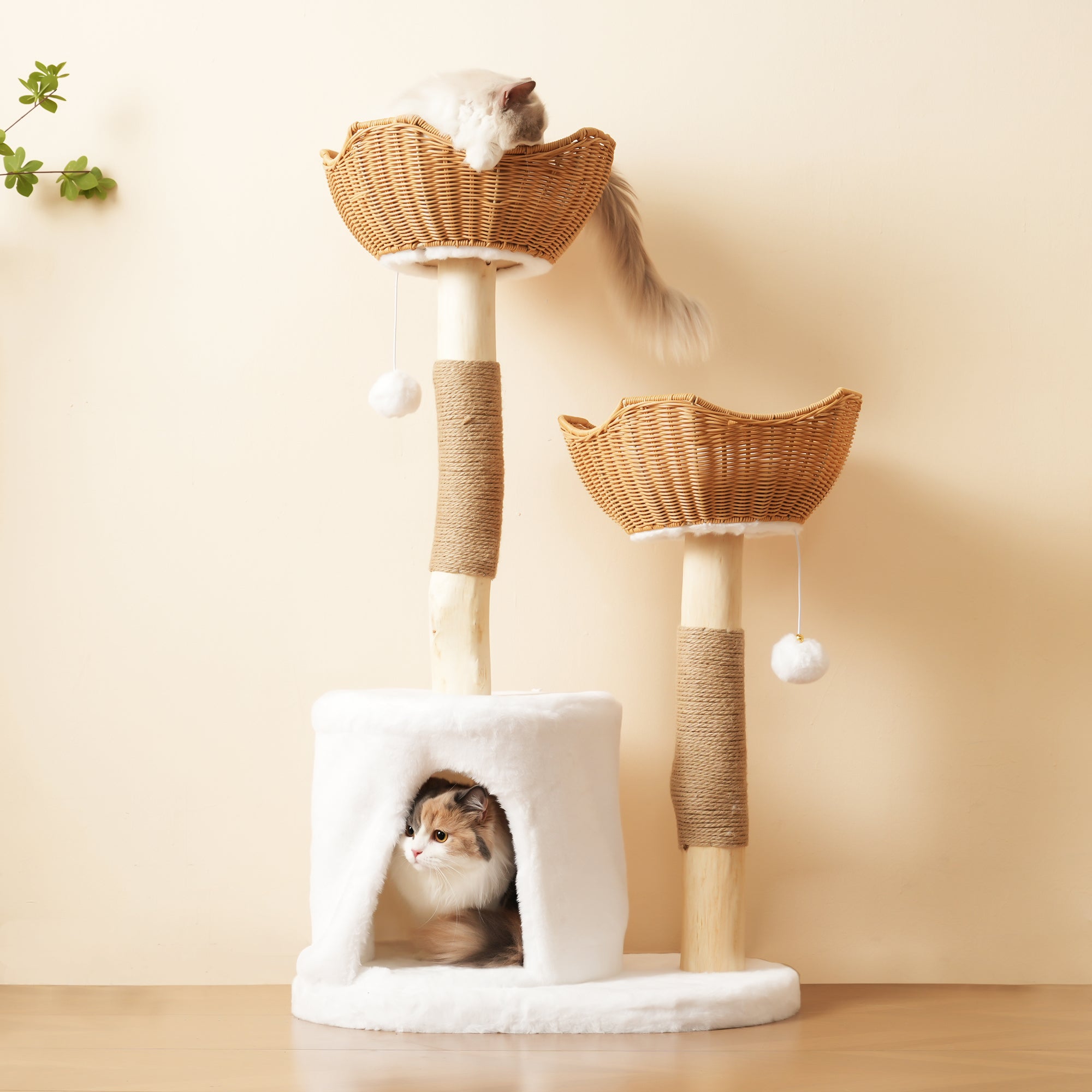 Arbre à chat avec 2 paniers et 1 niche - 60 x 42 x 108 cm - Bois massif et panier en PE - Naturel et blanc - 8
