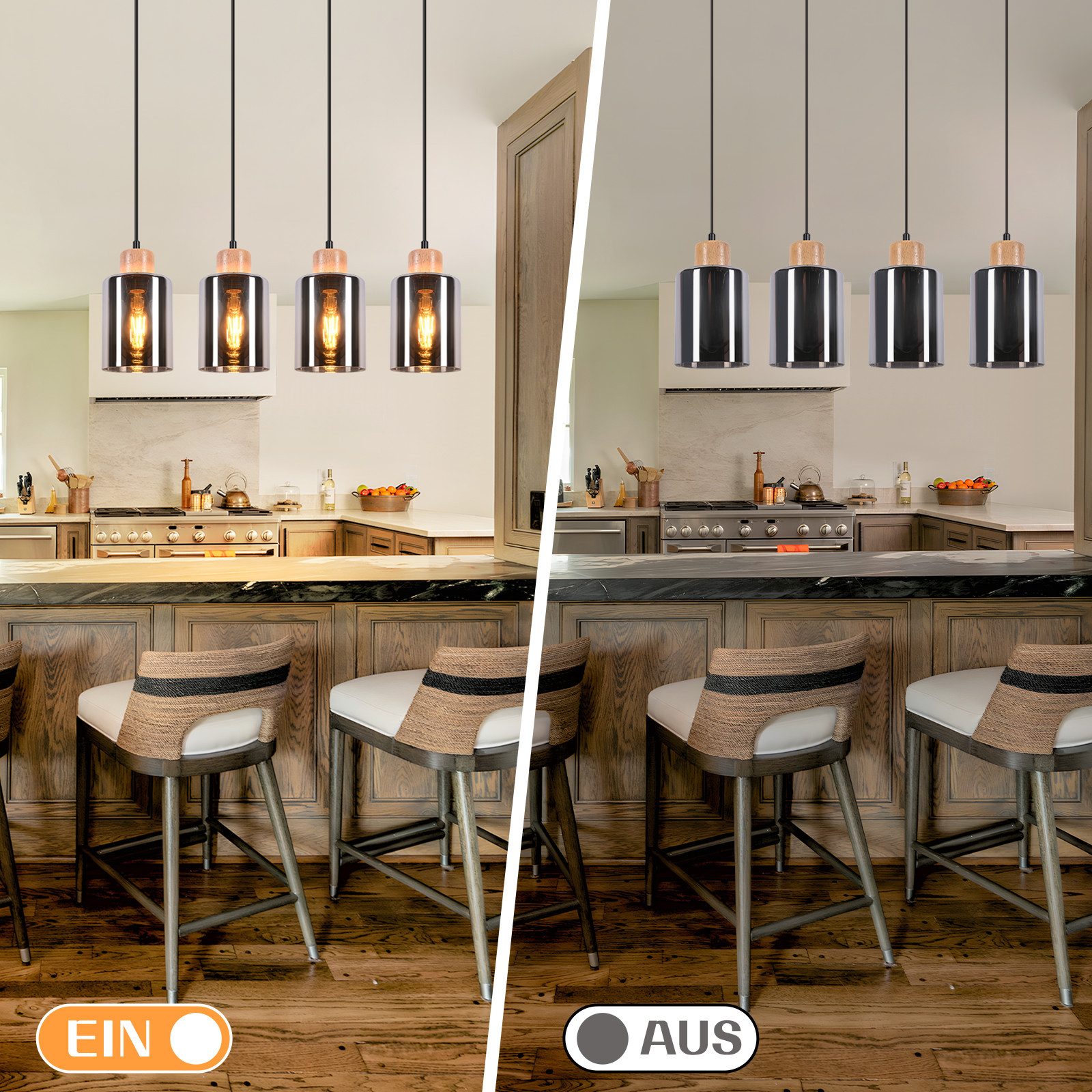 Suspension NETTLIFE pour table à manger, lampe suspendue en verre, lampe de table à manger vintage, suspension en bois, 4 flammes en verre fumé, E27 - 7